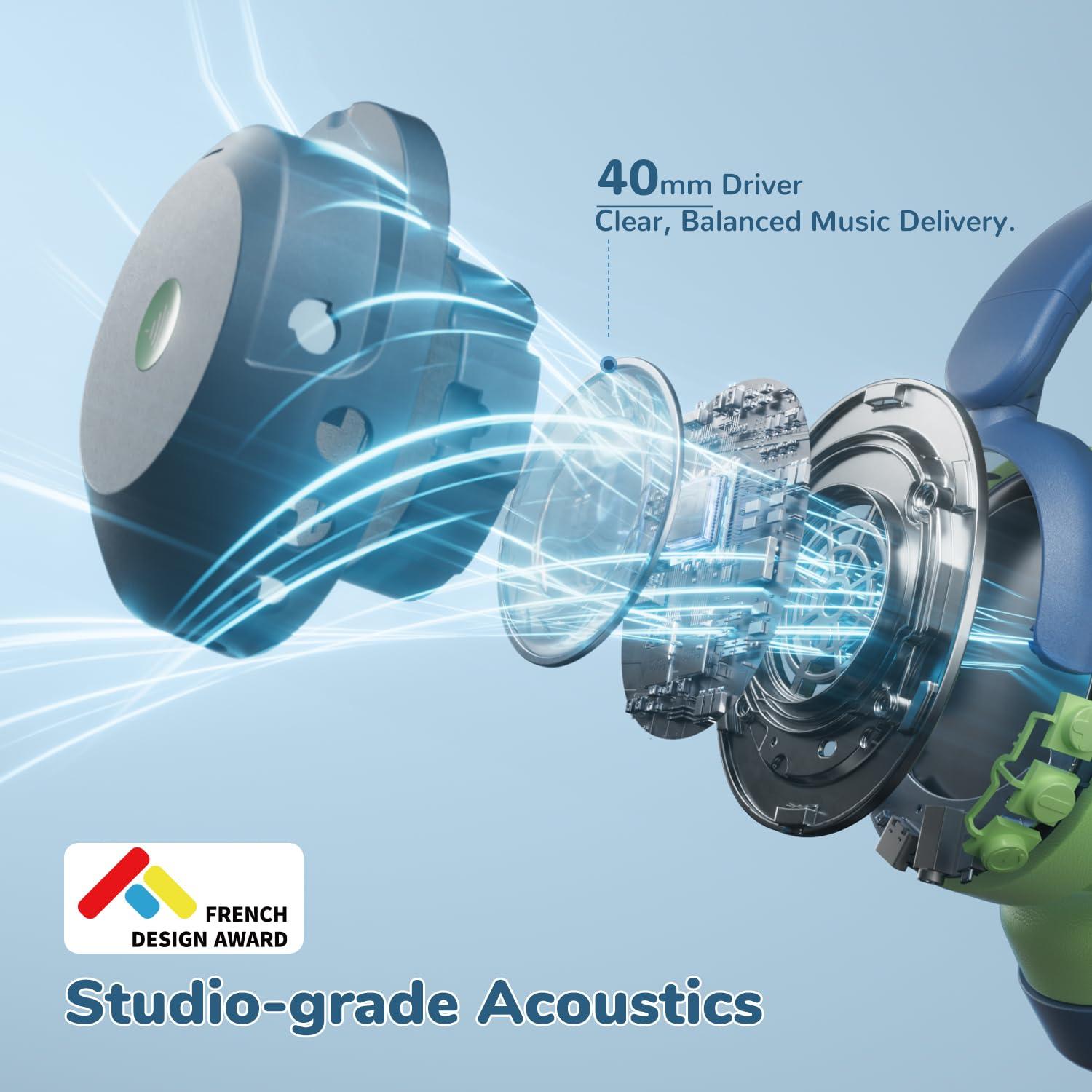 iClever iClever BTH20 Active Noise Cancelling Headphones for Kids, 60H Play Time,Type C Fast Charging, Safe Volume 80dBA, Bluetooth5.4, Award-Winning Kids Headphones Wireless for iPad Tablet Airplane, Blue