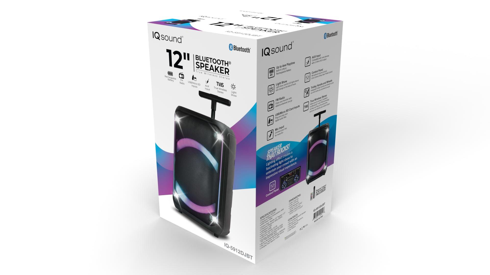 Supersonic IQ Sound IQ-5912DJBT 12-inch Portable Bluetooth Speaker with True Wireless Stereo, Colorful LED Lights, Full Control Panel, USB, Micro SD, AUX Inputs, FM Radio, Mic Input - Perfect Sound Companion