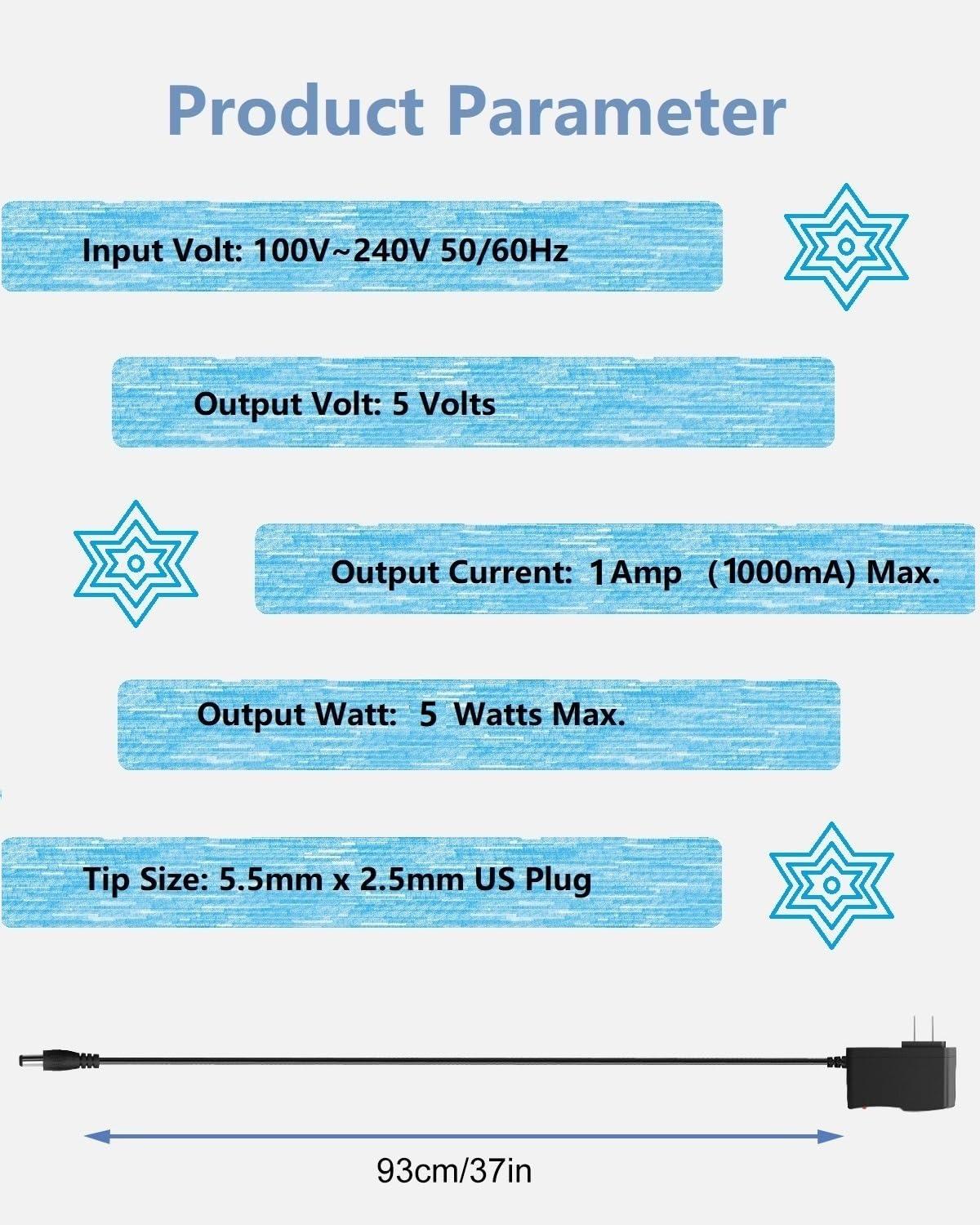 Cysljoyful 5V 1A Power Supply Adapter, AC to DC 5V Power Adapter, 100-240V 50-60Hz AC Input to DC 5Volt 1Amp Universal Transformer, 5.5mm x 2.5mm US Plug