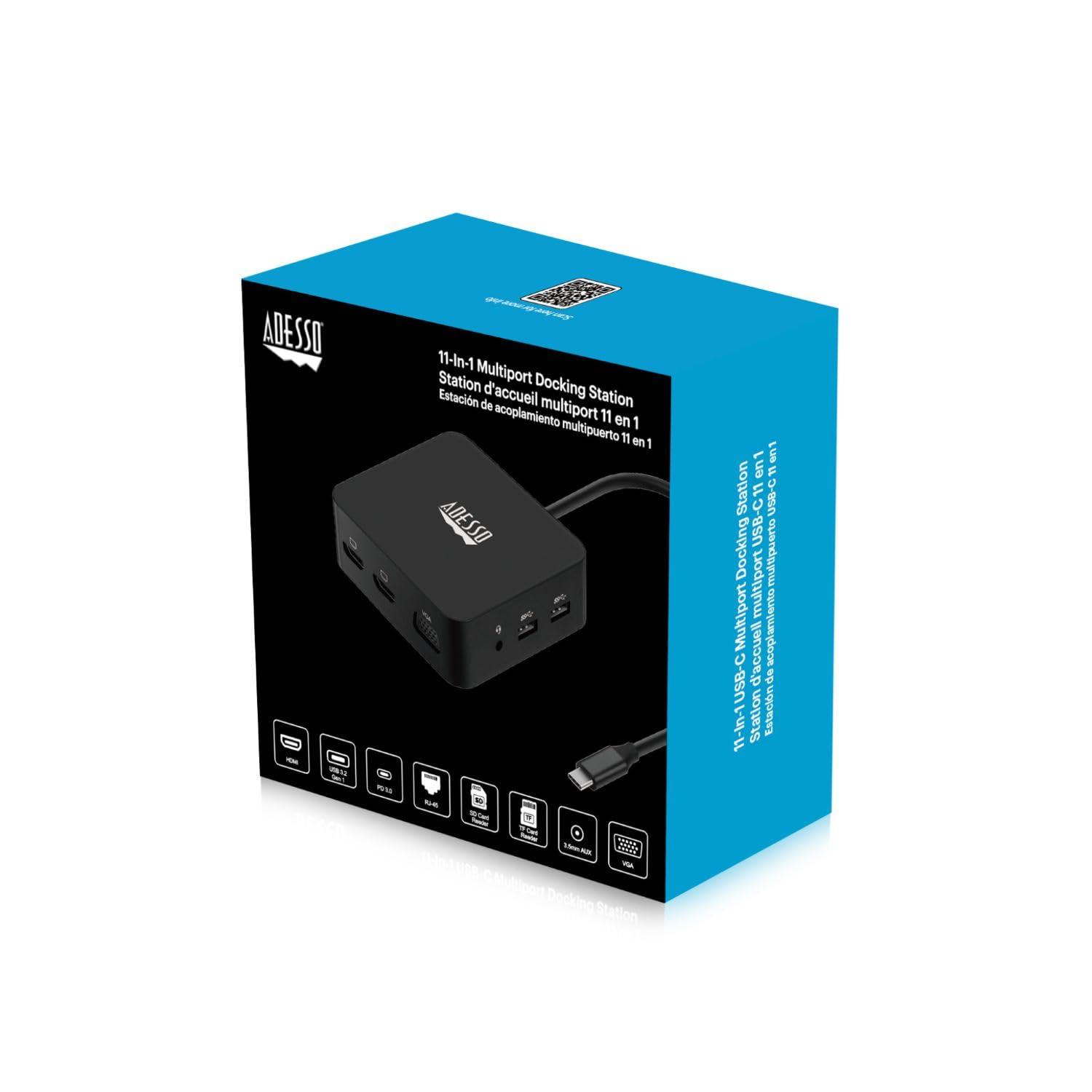 Adesso Adesso USB C Docking Station Multiport Adapter Type C Hub 2 HDMI Support 4K, VGA, RJ45 Ethernet Port, 65W PD Charging, 2*USB, SD/TF Card Reader, 3.5mm Audio Jack (TAA Compliant)