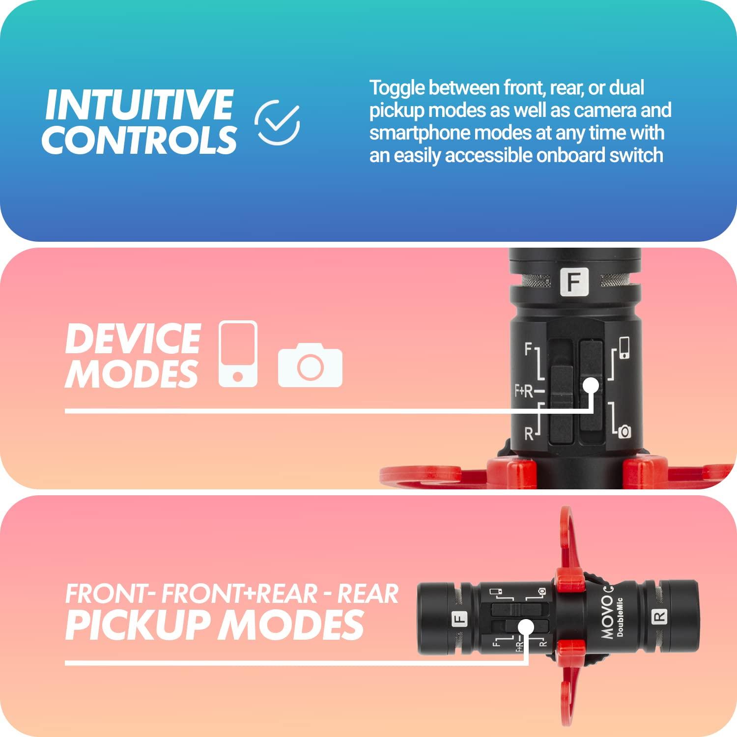 Movo Movo DoubleMic V2 Two-Sided Shotgun Mic for Camera Vlogging - Dual Capsule External Microphone for iPhone, Android, Smartphones and DSLR Camcorders - Improved Wind Protection - Latest Version