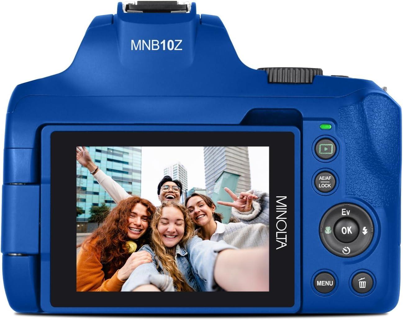 Konica Minolta Minolta 64 Mega Pixels Auto Focus Digital Camera with 10x Optical Zoom, 4K Ultra HD Video and Macro Shooting, Bundle with 32 GB Memory Card + Vlogging Tripod + Cleaning kit + More Accessories (Blue)