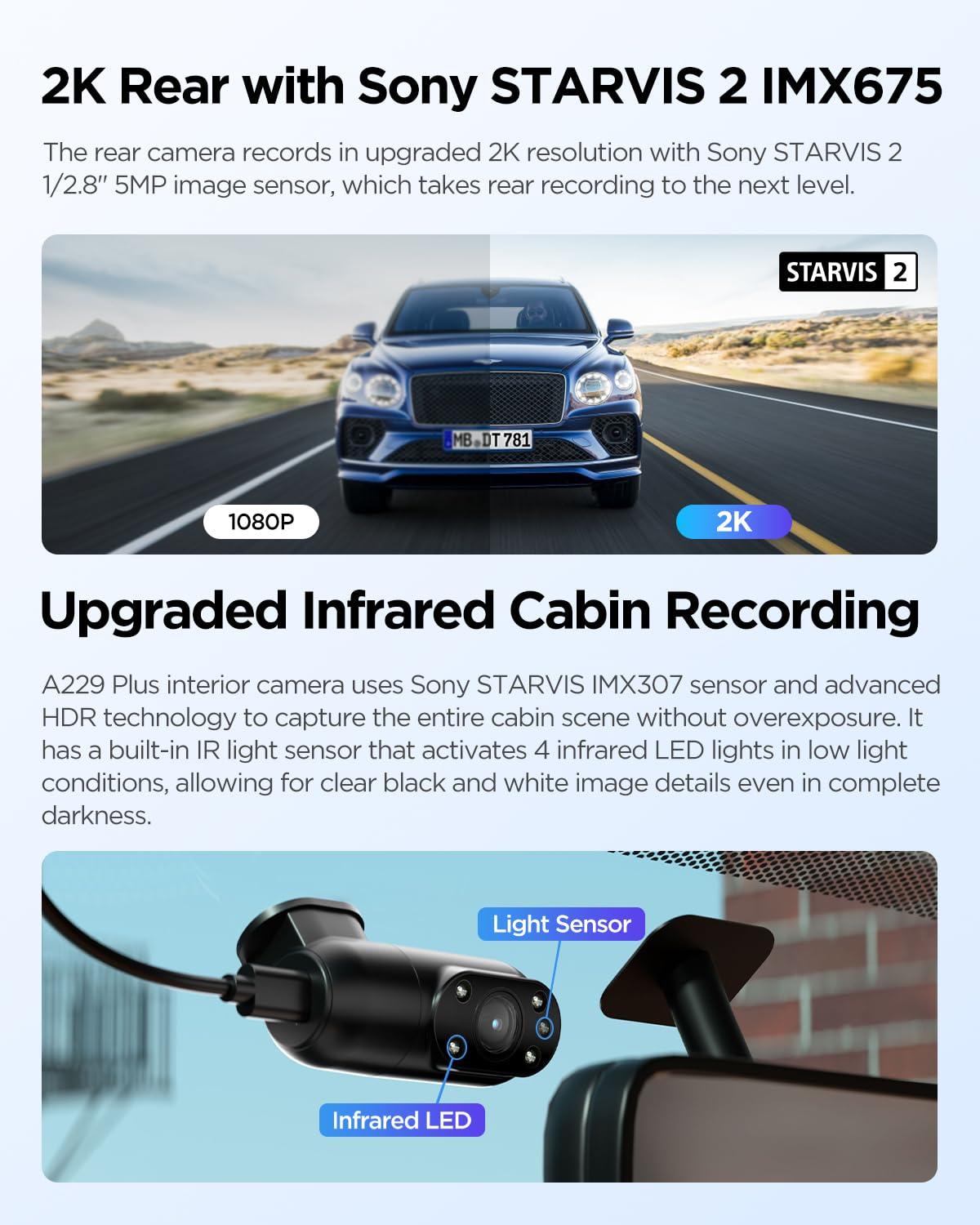 VIOFO VIOFO A229 Plus 3 Channel Dash Cam, Dual STARVIS 2 Sensors, 3-Channel HDR, 1440P+1440P+1080P Front Inside and Rear Car Camera, 5GHz Wi-Fi, Voice Control, Ultra-Precise GPS, 24 Hours Parking Mode