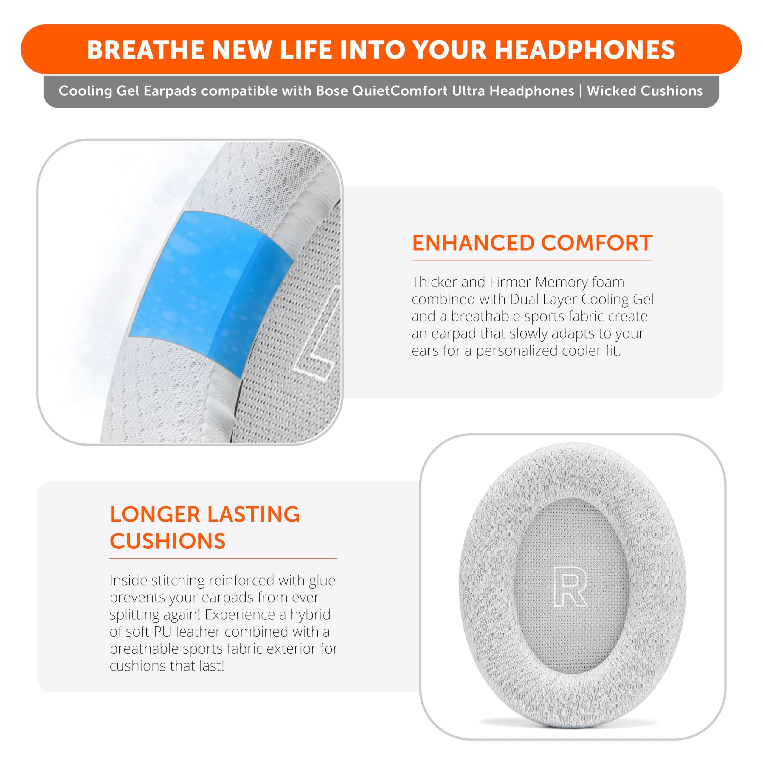 WC WC Freeze QC Ultra - Cooling Gel Ear Pads for Bose Quietcomfort Ultra Headphones Made by Wicked Cushions | Breathable Sports Fabric, Cooling Gel, Extra Thick & Cooler for Longer | White Smoke