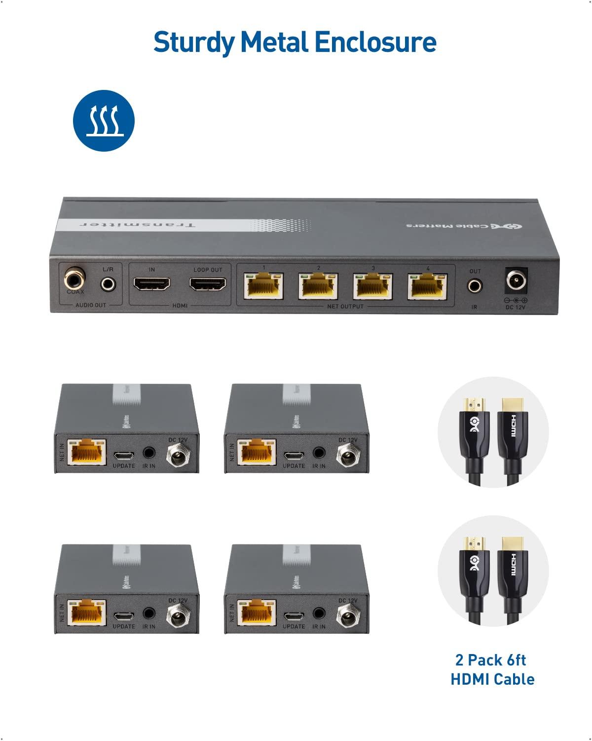 Cable Matters Cable Matters 1x4 4K HDMI Extender Splitter, Supports 164ft for 4K@60Hz or 196ft for 4K@30Hz, Wall Mount 1-In-4-Out HDMI Over Ethernet Splitter, Local Monitor Loop-Out