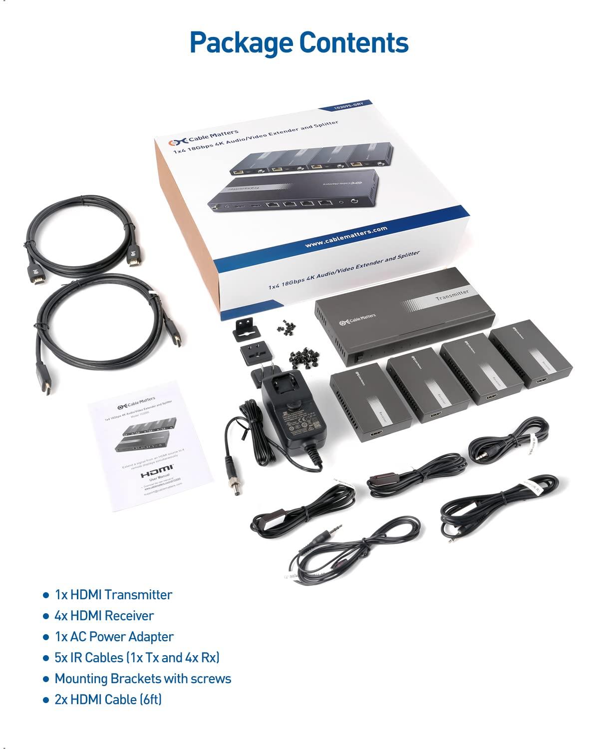 Cable Matters Cable Matters 1x4 4K HDMI Extender Splitter, Supports 164ft for 4K@60Hz or 196ft for 4K@30Hz, Wall Mount 1-In-4-Out HDMI Over Ethernet Splitter, Local Monitor Loop-Out