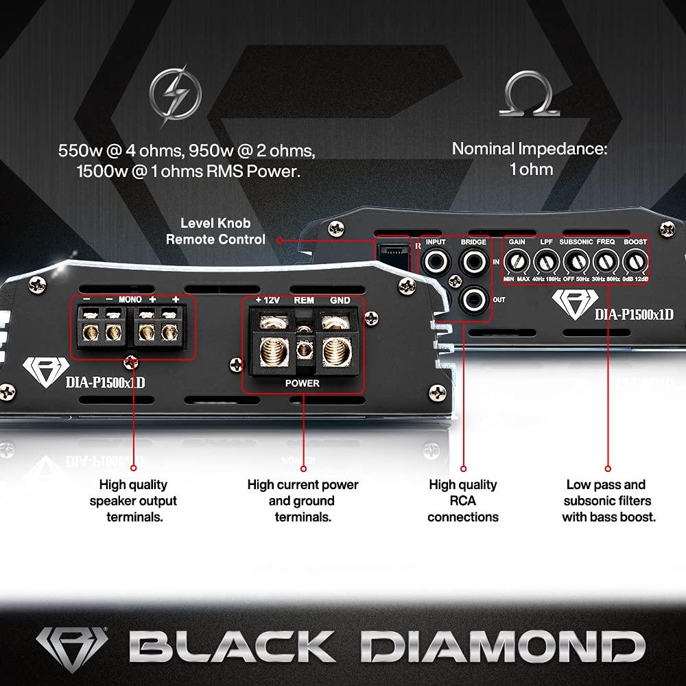 BLACK DIAMOND Black Diamond DIA-P1500x1D Car Audio Amplifier Class D 1 Channel Monoblock Amp 1500 Watts RMS, Remote Level Control Included