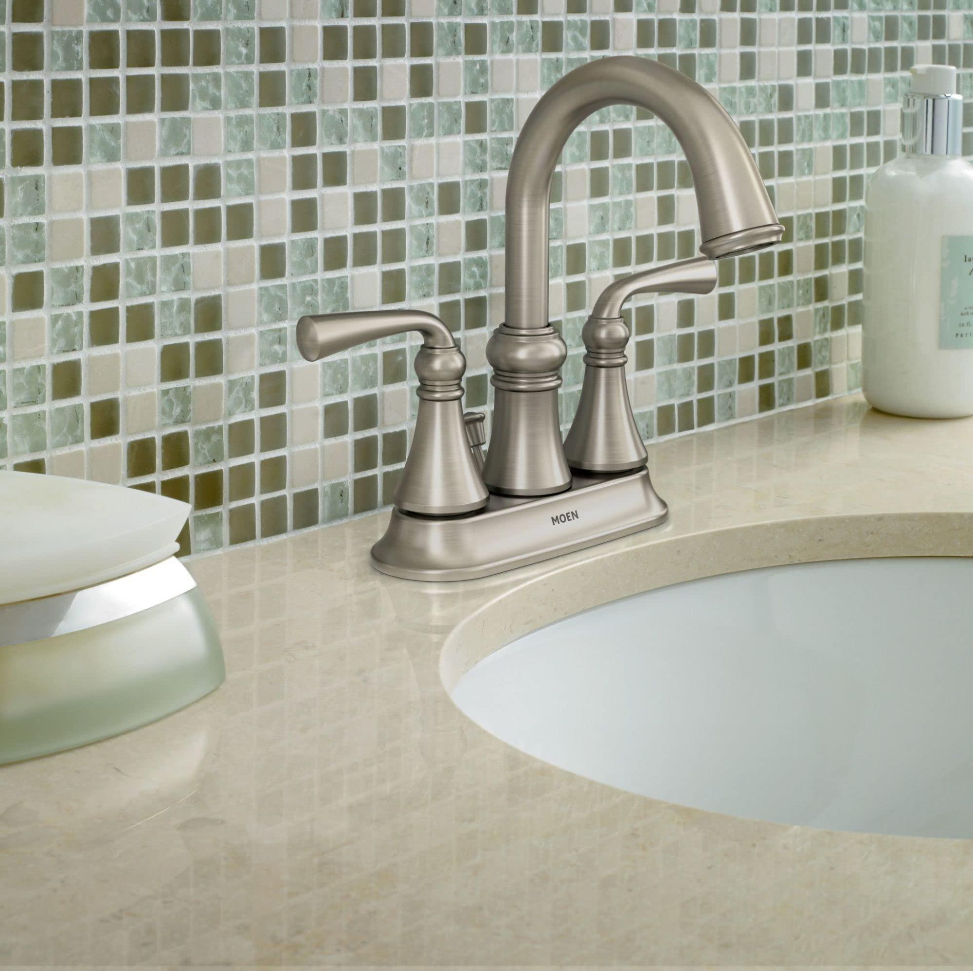 Moen Moen Wetherly Spot Resist Brushed Nickel Two-Handle Centerset Bathroom Faucet with Drain Assembly, WS84850SRN