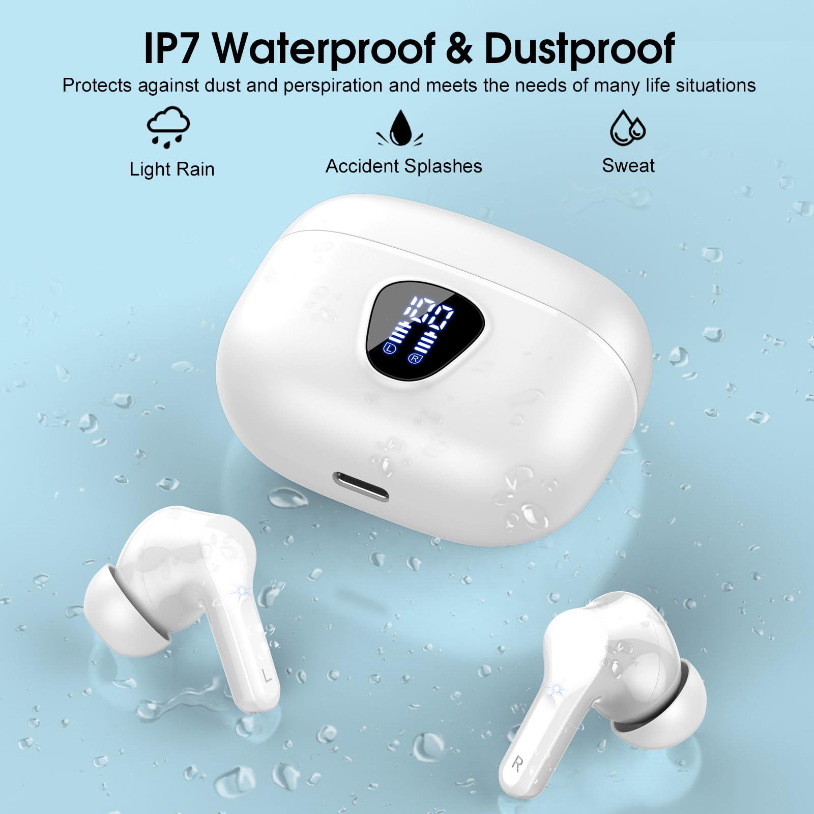 BESNOOW Wireless Earbuds Bluetooth 5.3 Headphones, 40H Playback HiFi Stereo Ear Buds with LED Display, ENC Noise Cancelling Earbuds, IP7 Waterproof in-Ear Earphone for iOS Andriod Sport/Workout/Running/White