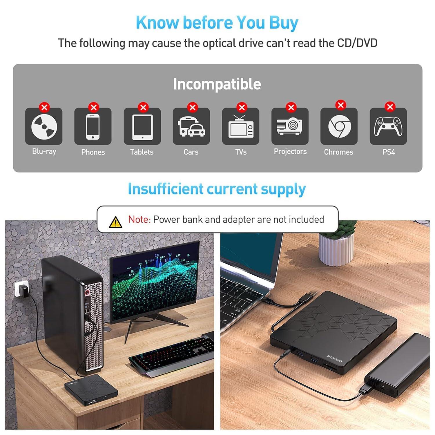 ORIGBELIE ORIGBELIE External DVD Drive, CD Drive USB 3.0 Typle C CD/DVD ROM +/-RW Adapter with USB Port DVD Burner for Laptop PC Desktop Computer, Optical Disk Drive CD Player Compatible with Mac Windows Linux