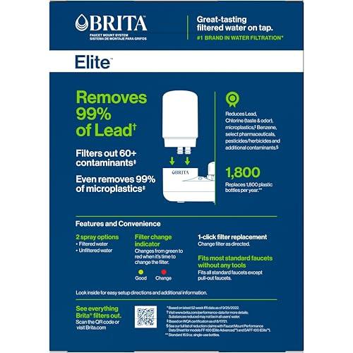Brita Brita Faucet Mount Water Filter for Sink, Removes 99% of Lead, Elite Filtration System, Includes 1 Replacement Filter, Chrome