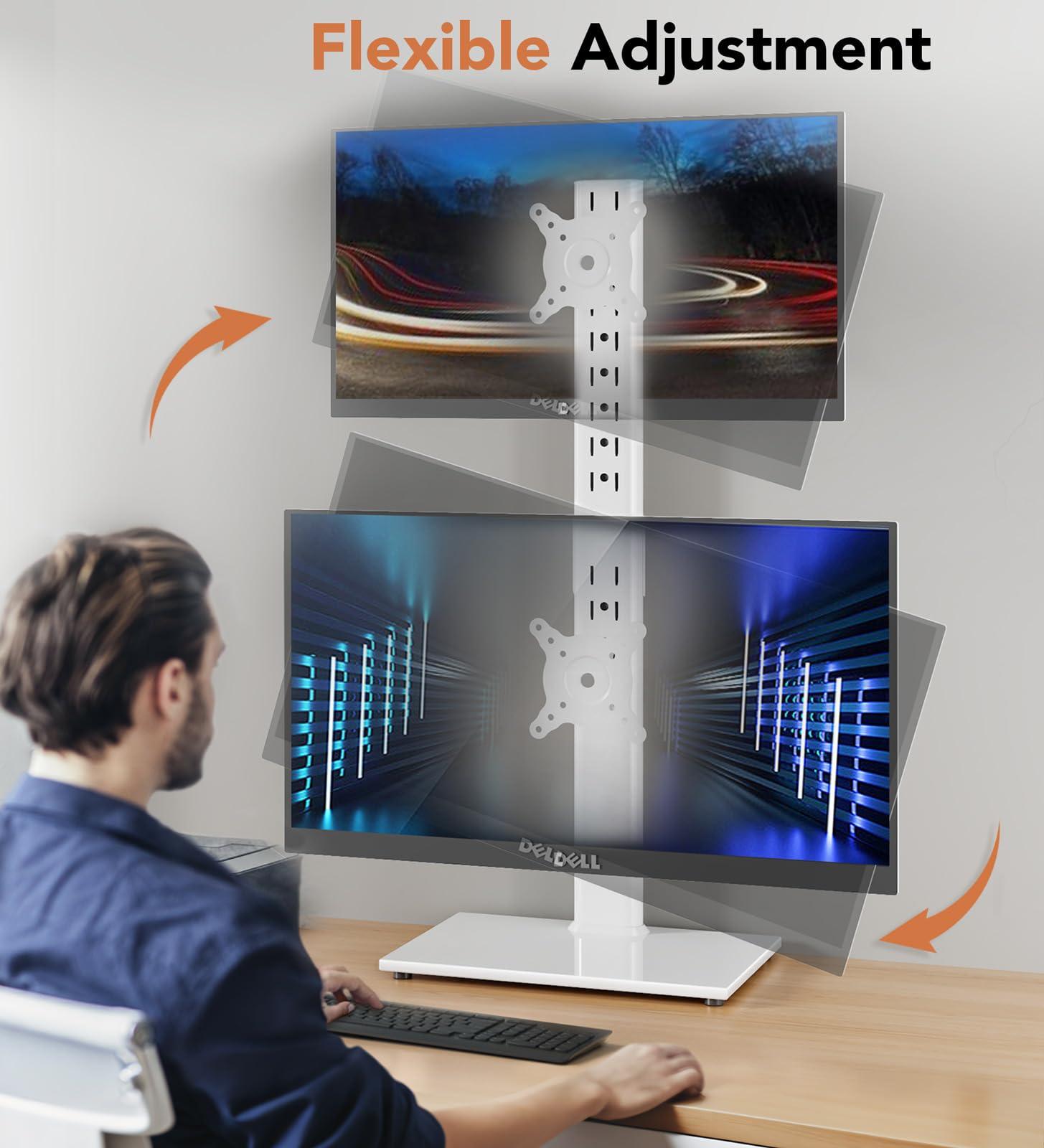 Hemudu Dual Monitor Stand - Vertical Stack Screen Free-Standing Monitor Riser Fits Two 13 to 34 Inch Screen with Swivel, Tilt, Height Adjustable, Holds One (1) Screen up to 44Lbs HT05W-002 White