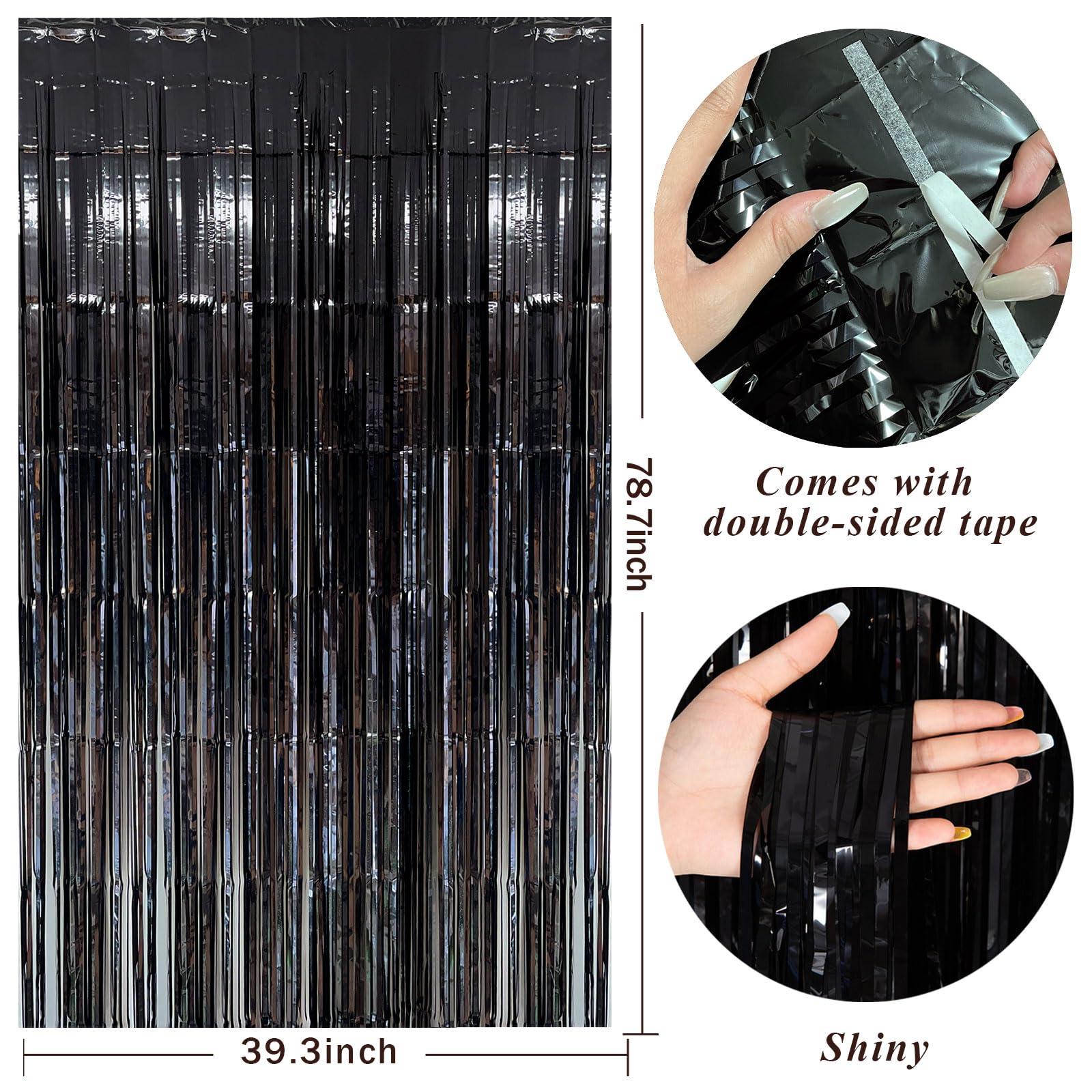 BOMSI Black Party Streamers Foil Fringe Backdrop Curtains Tinsel Streamers Birthday Party Decorations Fringe Backdrop for Birthday Party Graduation Bridal Shower