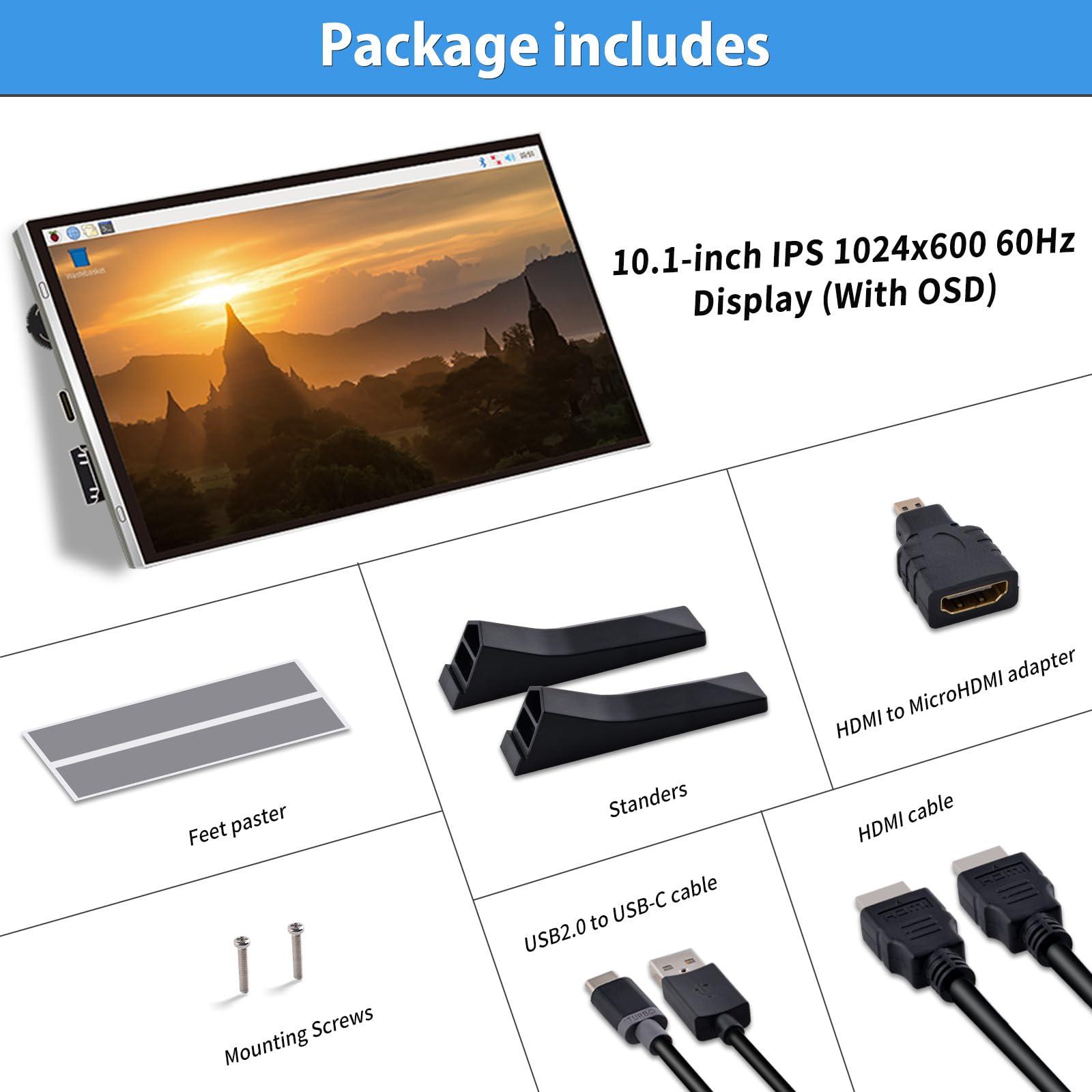 GeeekPi GeeekPi 10.1 Inch LCD Screen for Raspberry Pi, 1024x600 IPS LCD Display, HDMI Portable Monitor for Raspberry Pi 5/Pi 4B/3B+/3B/B+/Zero/400, Win11/10/8/7, Free Driver (Non-Touch)