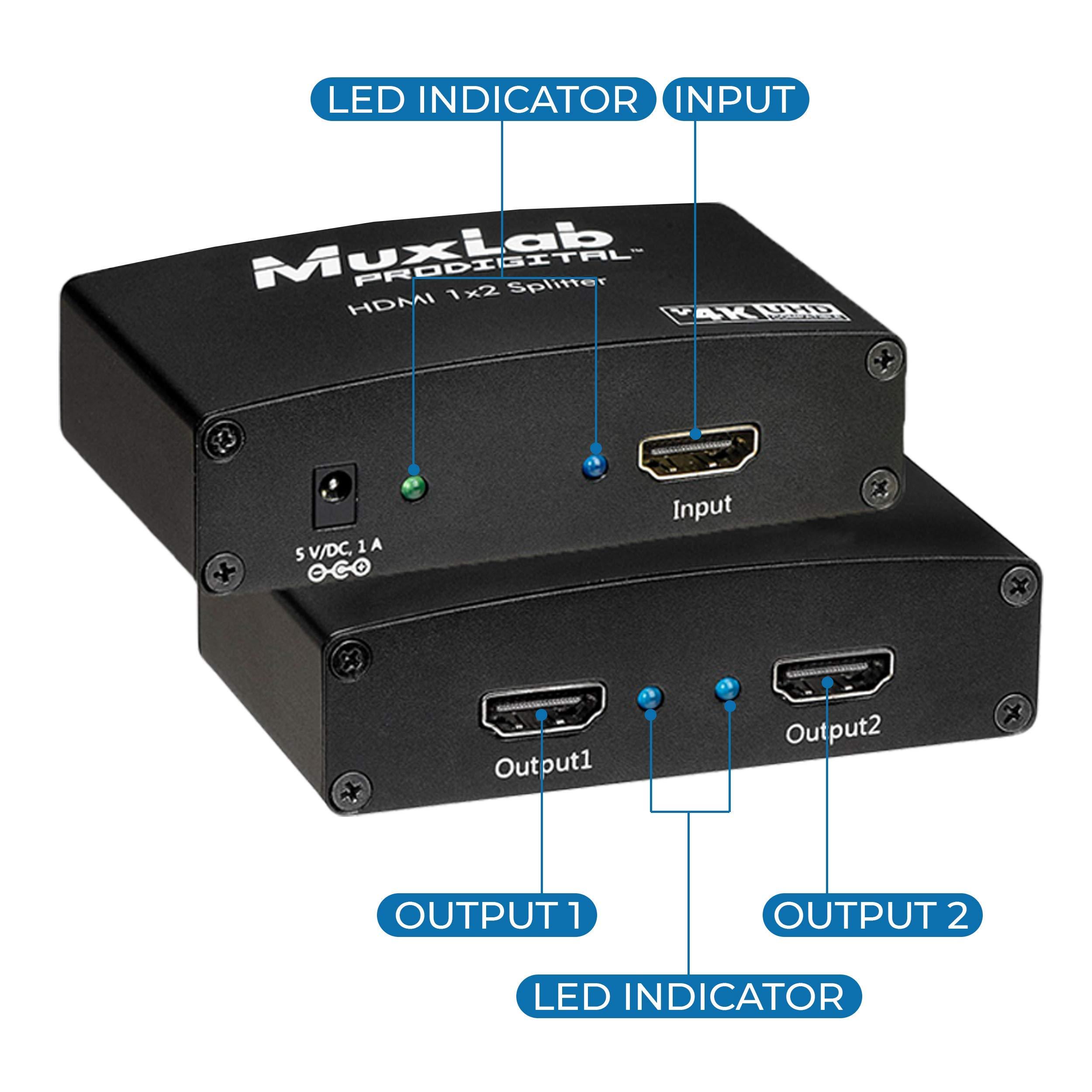Muxlab MuxLab 1x2 HDMI Splitter 1 in 2 Out, Supports 3D 4K@30HZ Full HD 1080P @ 60Hz for Xbox PS4 PS3 Fire Stick Roku Blu-Ray Player Apple TV HDTV (1 Source to 2 Displays, for Dual Duplicate Monitors)