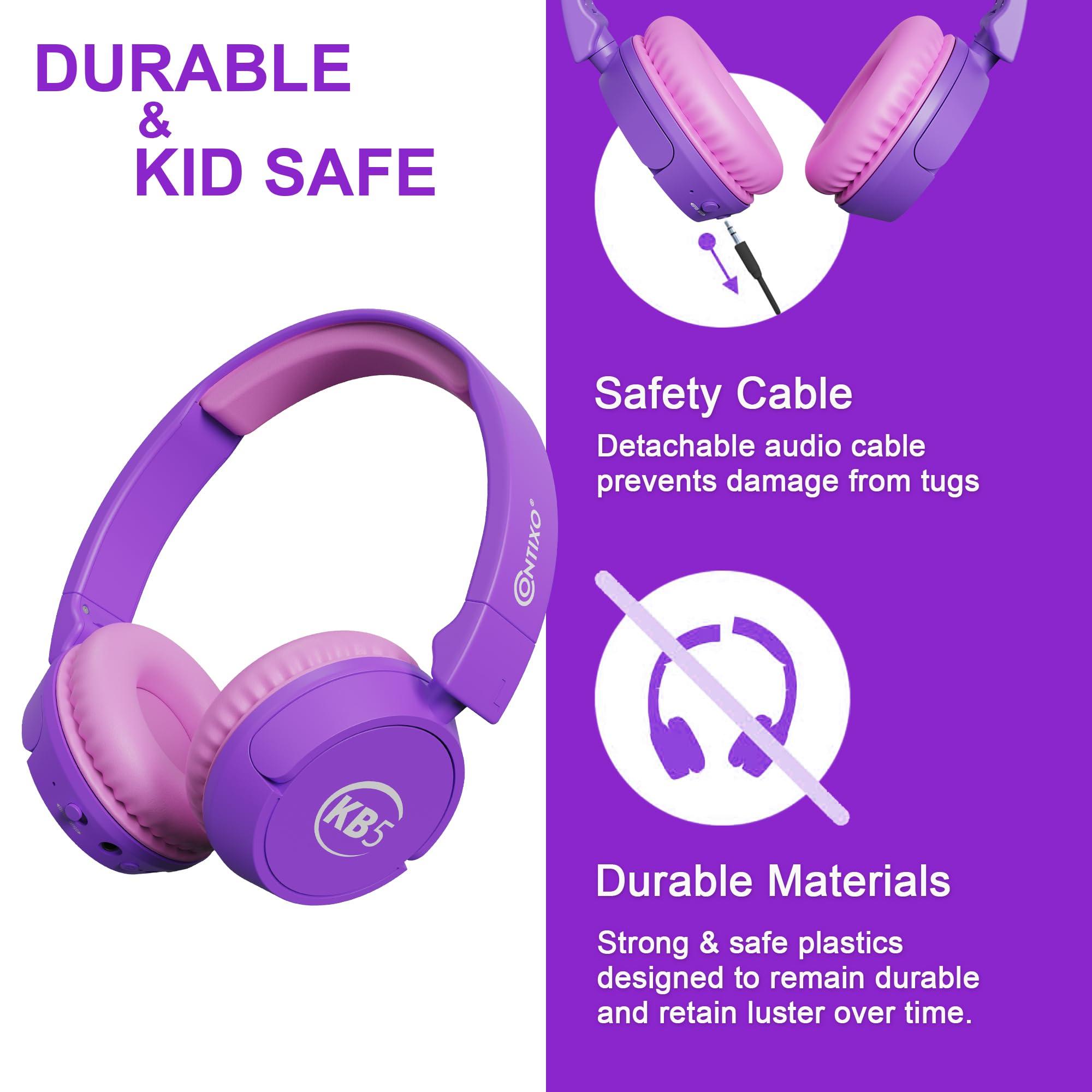 Contixo Contixo KB5 Kids Bluetooth Headphones - Wireless Over-Ear Foldable Headphones with Volume Limiter (85dB), Built-in Microphone, Adjustable & Comfortable Design for Boys & Girls - Purple + White