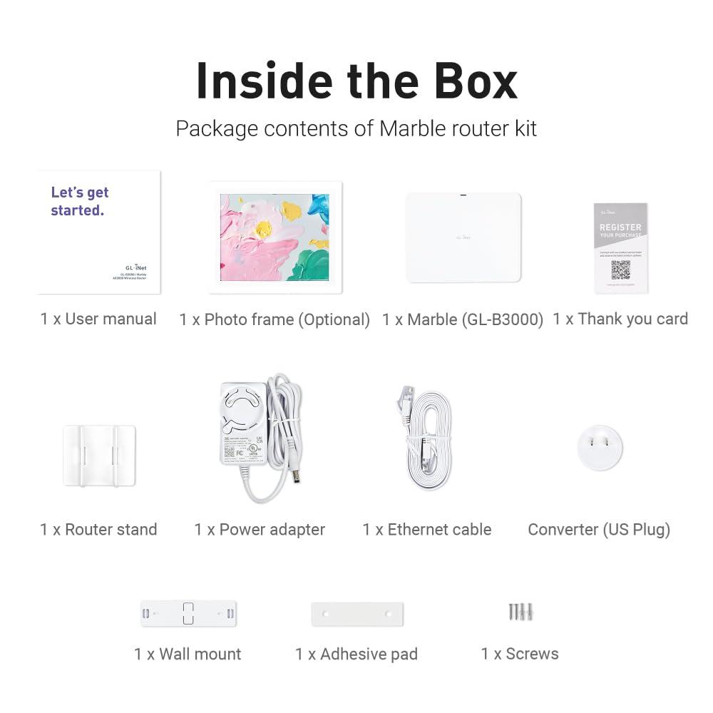 GL.iNet GL.iNet GL-B3000 (Marble) Wireless WiFi 6 Router with Wall-Mountable Photo Frame, Dual-Band AX3000, OpenVPN & WireGuard, Bark & AdGuard Home Parental Controls, OpenWrt, 3 Gigabit Ethernet Ports