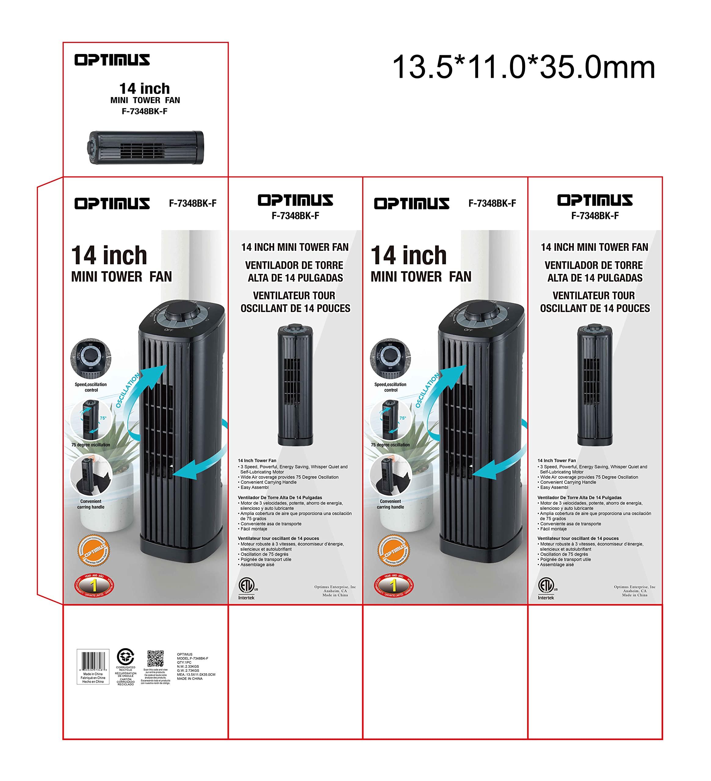 Optimus Optimus F-7348BK-F F-7348 3-Speed 50-Watt 14-in. Portable Ultra-Slim Desktop Oscillating Tower Fan (Black)