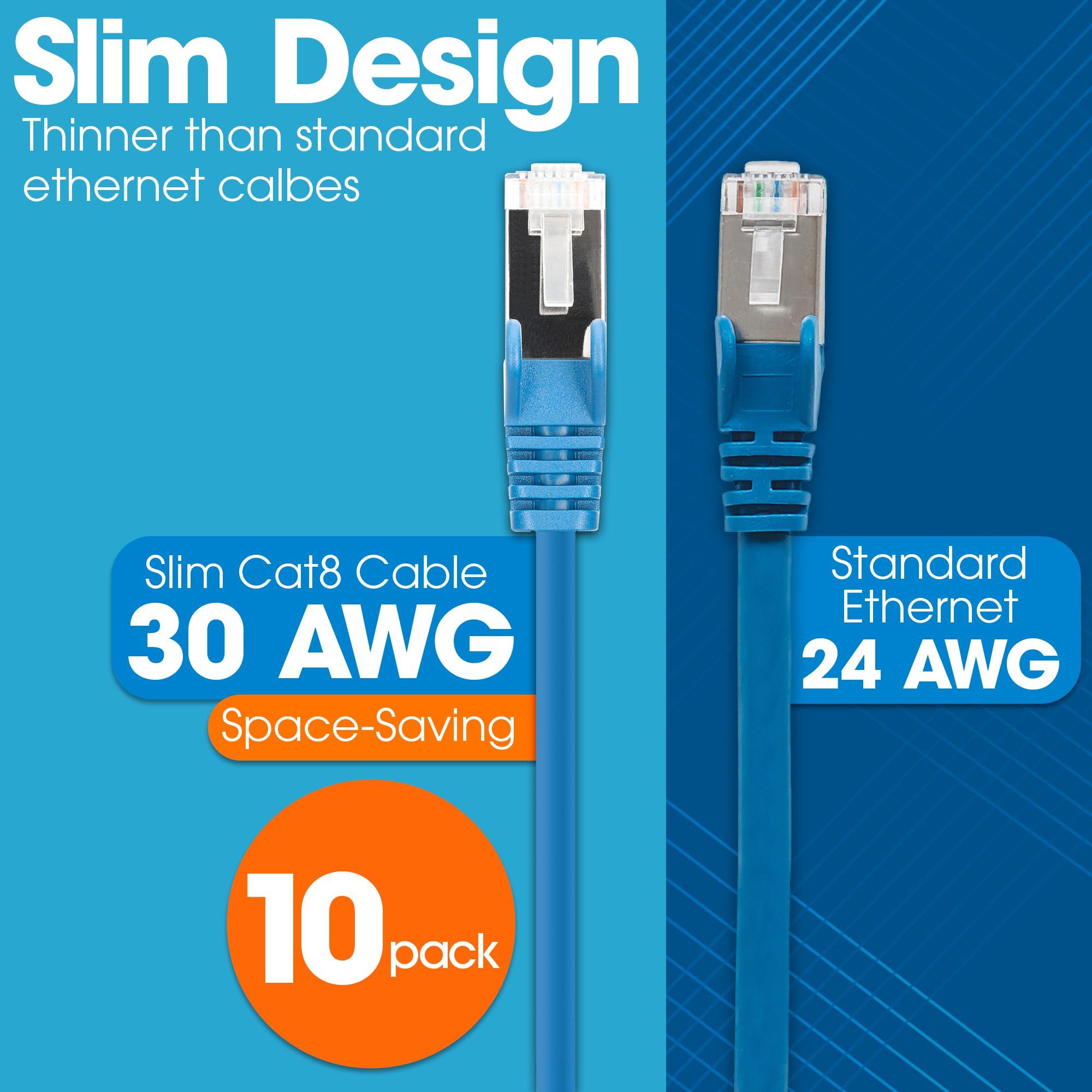 Intellinet Intellinet Slim Cat8 Ethernet Network Patch Cable 10-Pack - 40Gbps & 2000MHz, Snagless Boot, 30AWG Pure Bare Copper Wire, Gold-Plated Contacts, Lifetime Mfg Warranty 0.5ft, 10 Pack, Blue