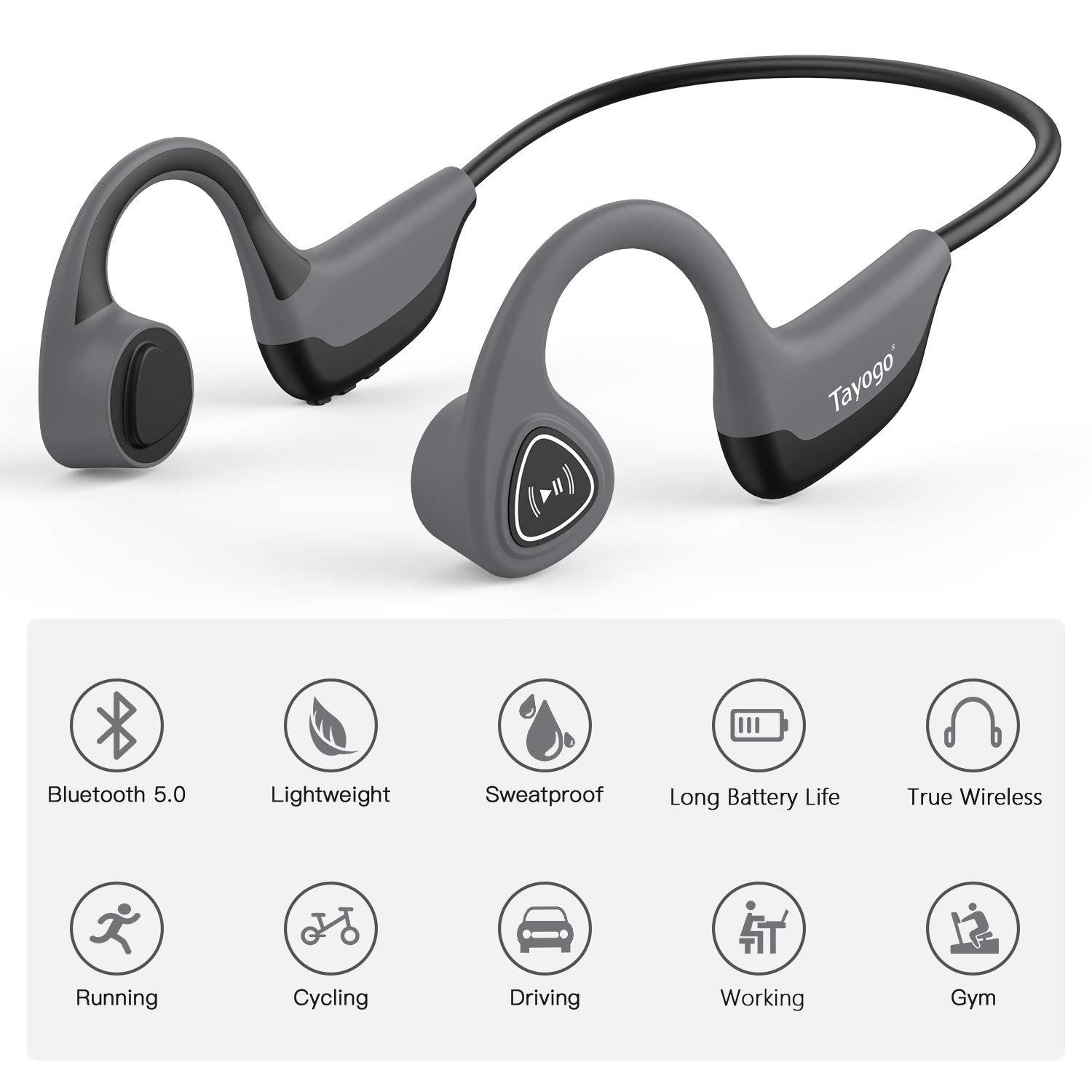 Tayogo Tayogo Bone Conduction Headphones, Wireless Bluetooth Bone Conducting Earbuds, Open Ear Headset with Mic, for Running, Cycling, Yoga-Grey (Almost Like-New)