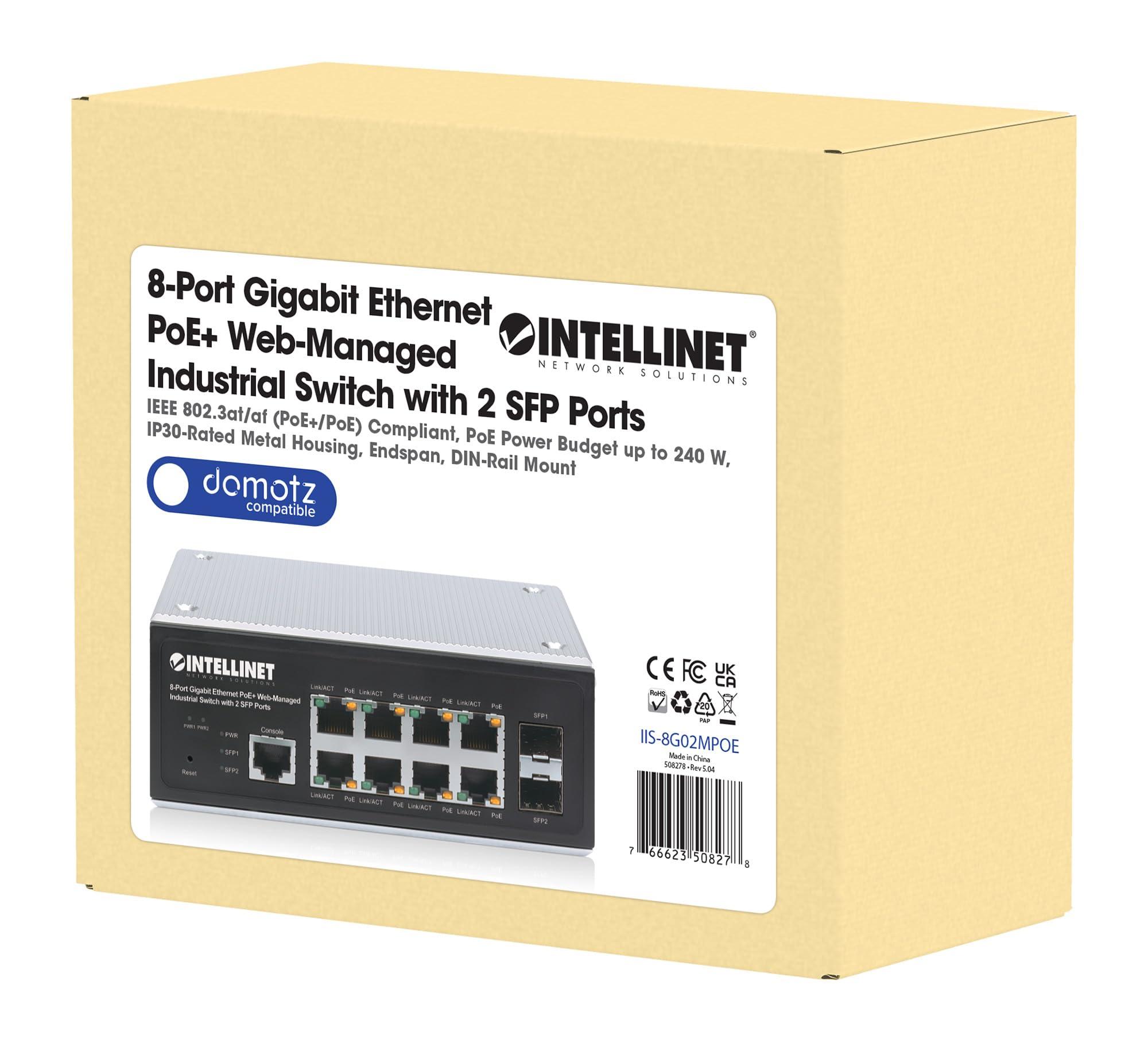 Intellinet Intellinet 8-Port Web-Managed Industrial Gigabit Ethernet PoE+ Switch with 2 SFP Ports - IP30 Rated, 240W Max Power Budget, Desktop DIN-Rail Mount in Harsh Places - 3 Yr Mfg Warranty-508278