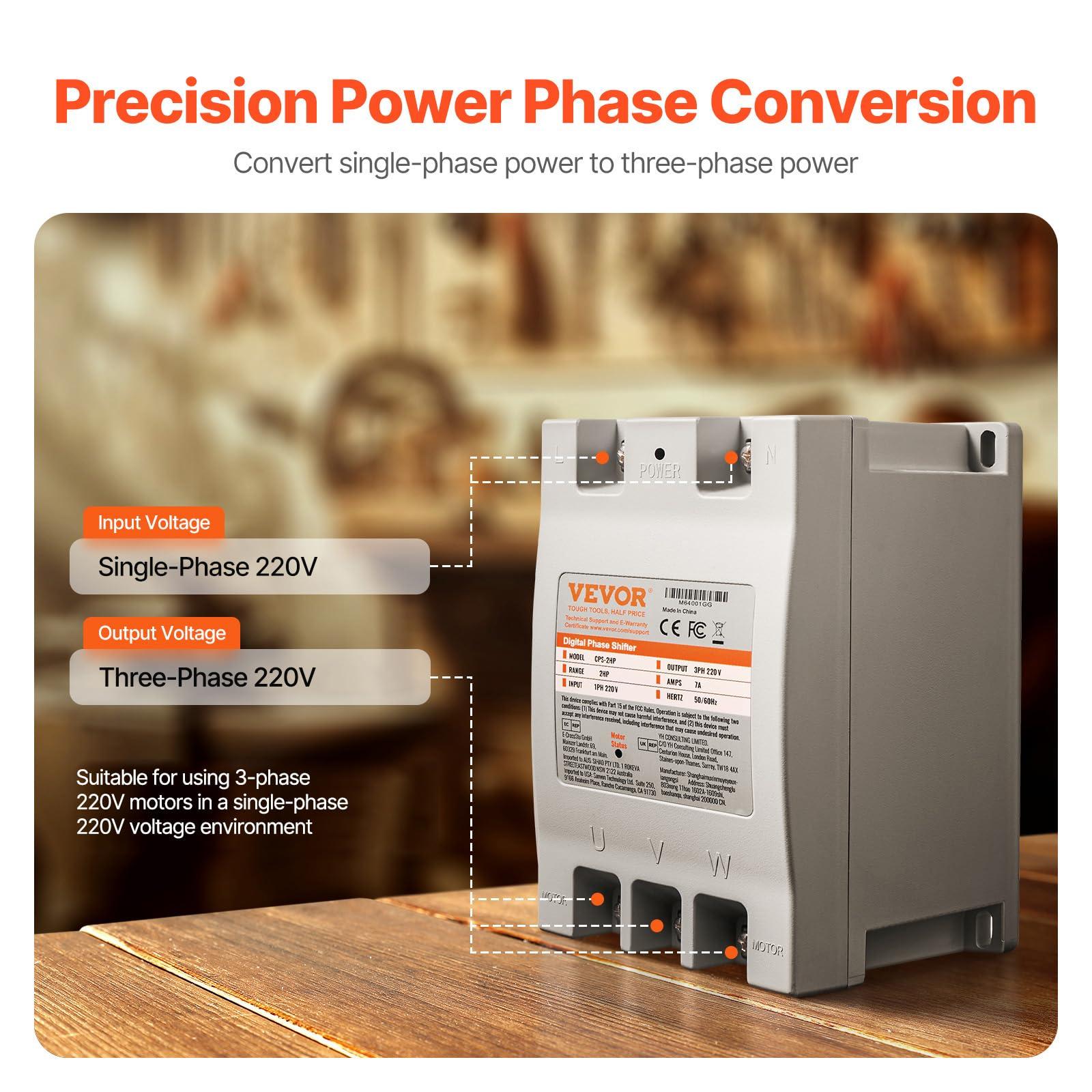 VEVOR VEVOR 3 Phase Converter - 2HP 7A 220V Single Phase to 3 Phase Converter, 220V Input/Output, Digital Phase Shifter for Residential & Light Commercial Use (One Converter for One Motor Only)