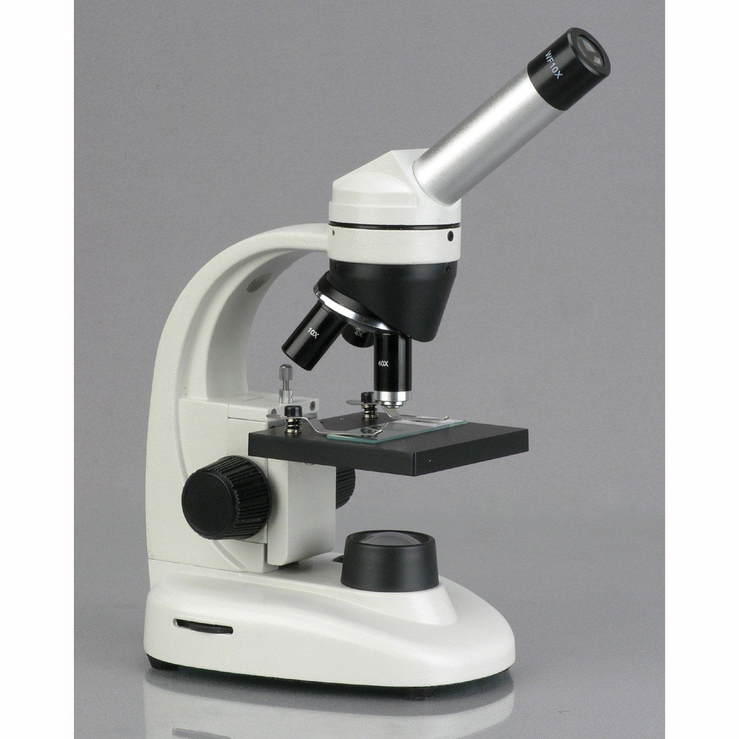 AmScope AmScope M135C-2L-PB10 Compound Monocular Microscope, WF10x and WF25x widefield eyepieces, 40x-1000x Magnification, Brightfield, Upper and Lower LED Illumination, Plain Stage, Cordless Operation with Rechargeable