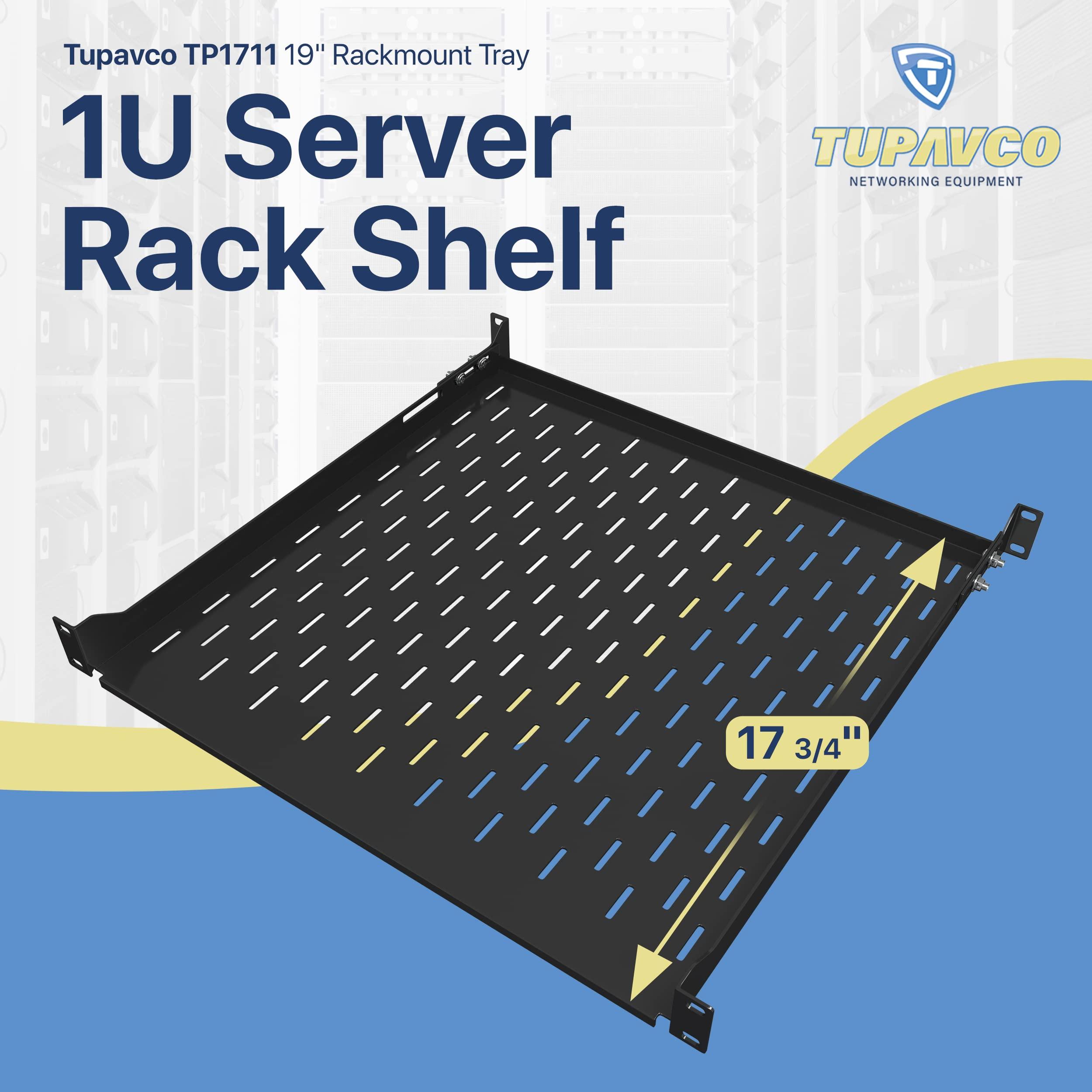 Tupavco 1U Server Rack Shelf - 19" Rackmount Tray - 17.7" (450mm) Deep 4-Post Fixed Mount for Computer Network/AV/IT Equipment Cabinet Enclosure - Vented for Maximum Airflow (Black) - Tupavco TP1711