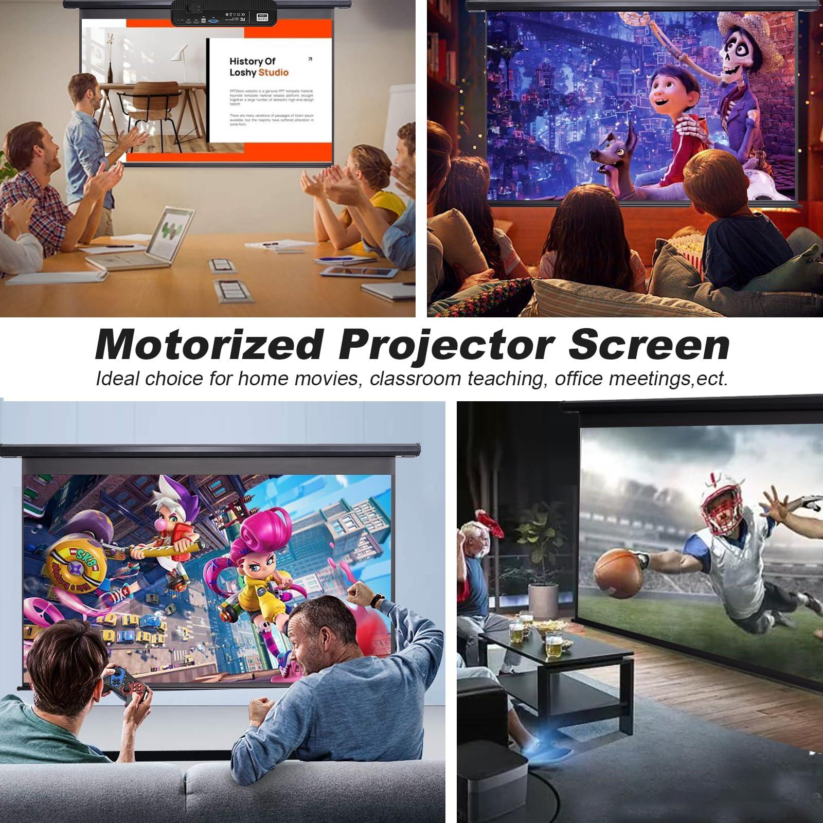 FRAYSCENT Motorized Projector Screen Pull Down 100 Inch 16:9 HD Automatic Projector Screen with Remote, Electric Retractable Black Projection Screen Portable, Roll Up Movie Screens for Projectors Outdoor Indoor