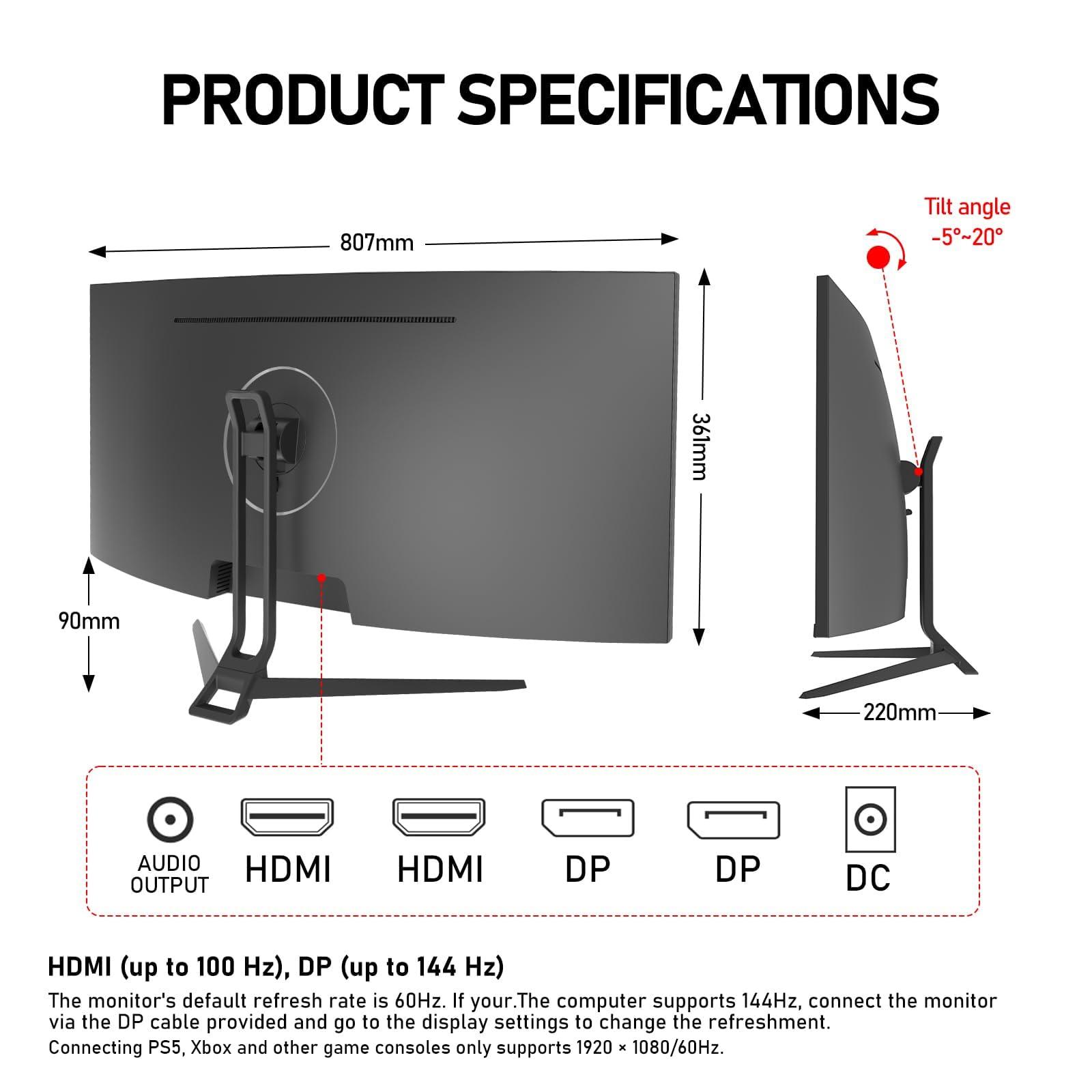 Gawfolk Gawfolk 34 Inch Ultrawide Curved 144Hz Gaming Computer Monitor 1500R PC Screen 21:9 UWQHD (3440x1440),Adaptive Sync,178 Viewing Angle,HDMIDisplay Port,Compatible with Wall mounting - Black
