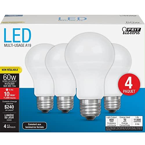 Feit Electric Feit Electric A19 LED Light Bulbs, 60W Equivalent, Non Dimmable, 800 Lumens, E26 Standard Base, 5000k Daylight, 80 CRI, 10 Year Lifetime, Energy Efficient, 4 Pack, A800/850/10KLED/4