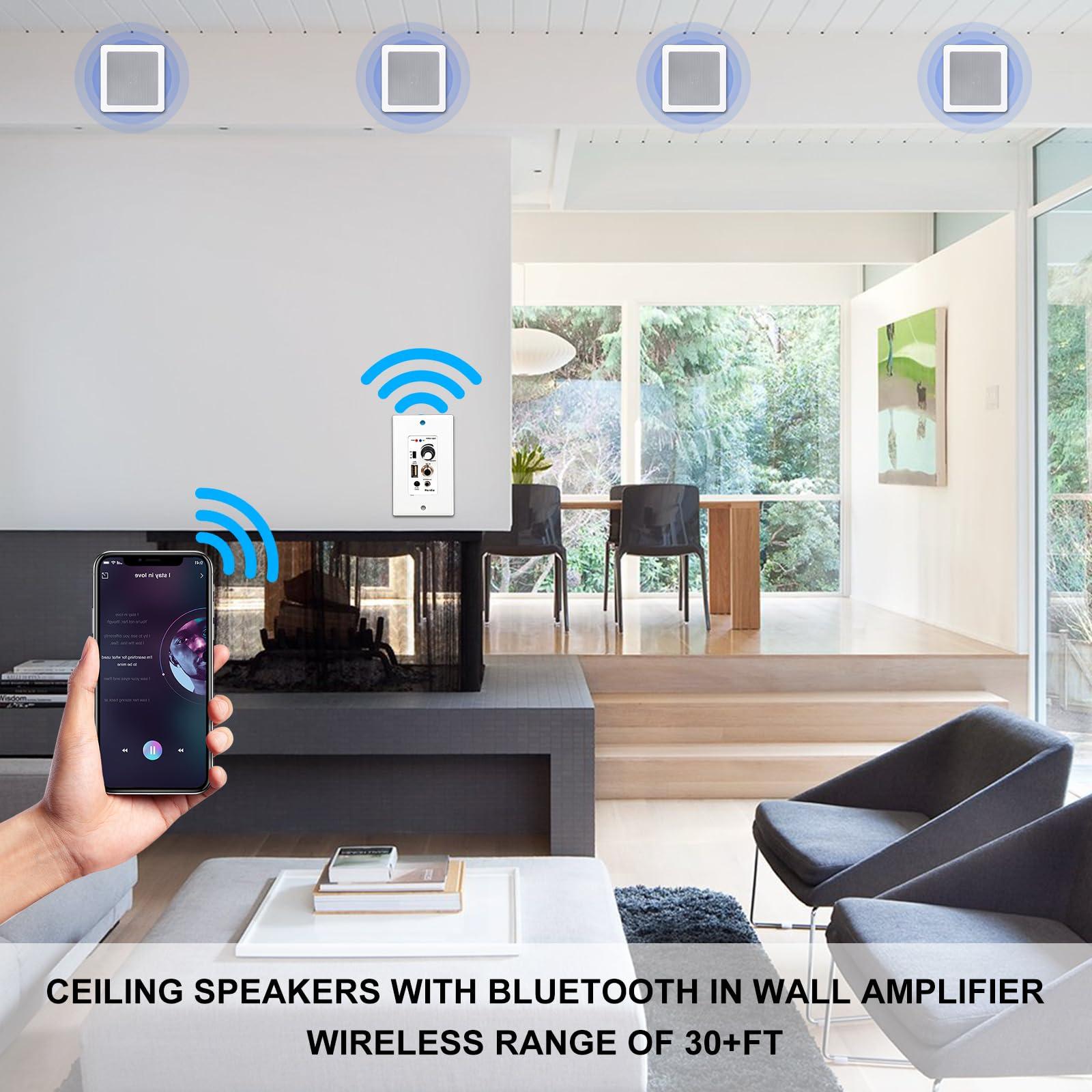 Herdio Herdio 5.25 Inches 2-Way Bluetooth Ceiling Speakers with 4 Channel Wall Amplifier, 320W Square in Wall Speaker System for Home Theater Office Kitchen, 2 Pairs