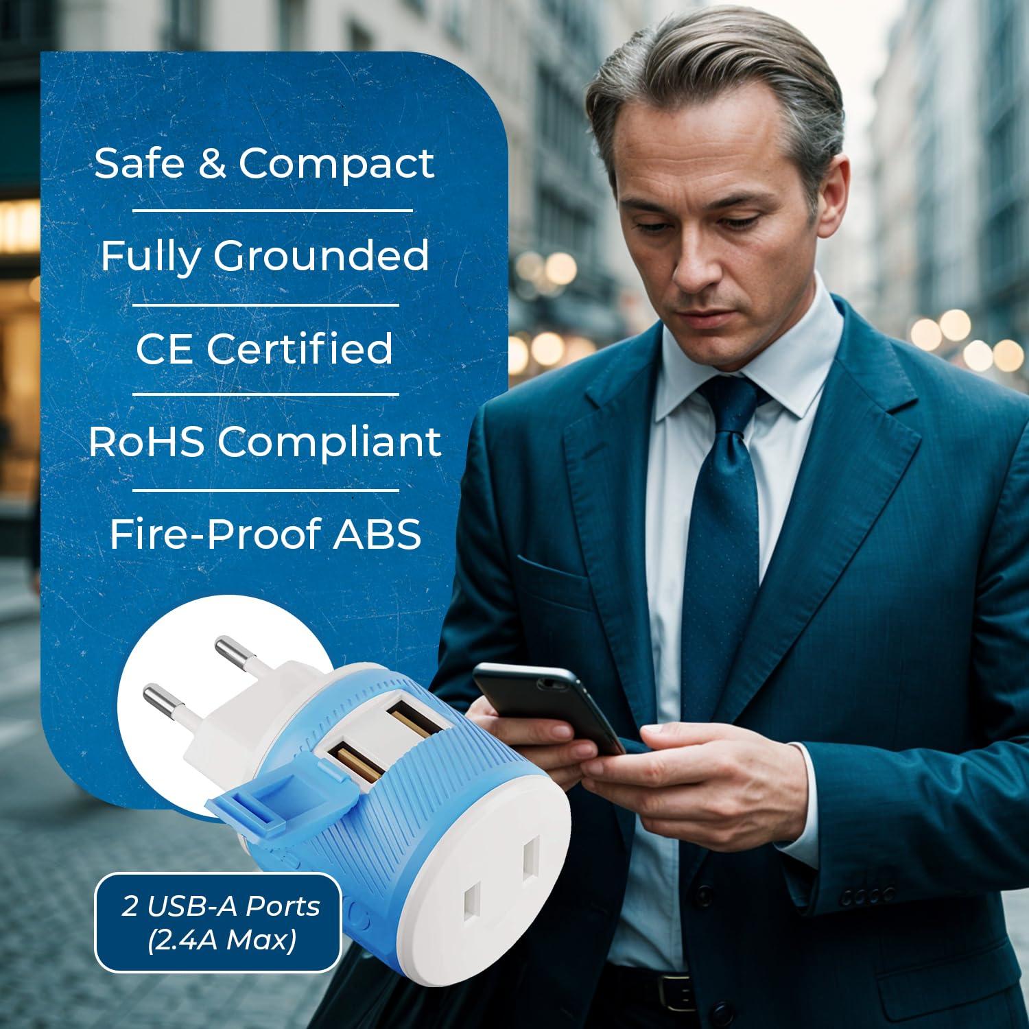 OREI European Travel Plug Adapter with Dual USB - for Most of Europe - Type C (U2U-9C), Will Work with Cell Phones, Camera, Laptop, Tablets, iPad, iPhone and More