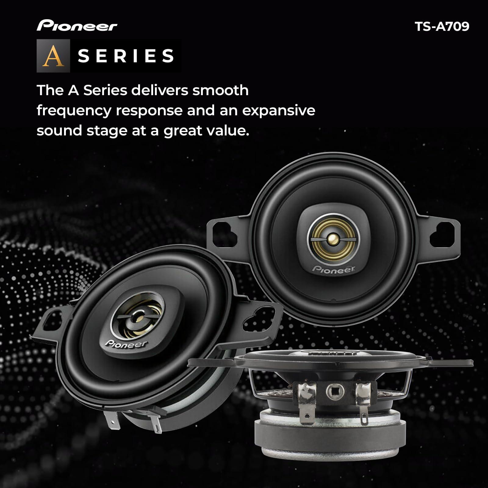 Pioneer Pioneer TS-A709, 2-Way Coaxial Car Audio Speakers, Full Range, Clear Sound Quality, Easy Installation and Enhanced Bass Response, Black and Gold Colored 2.75 Round Speakers
