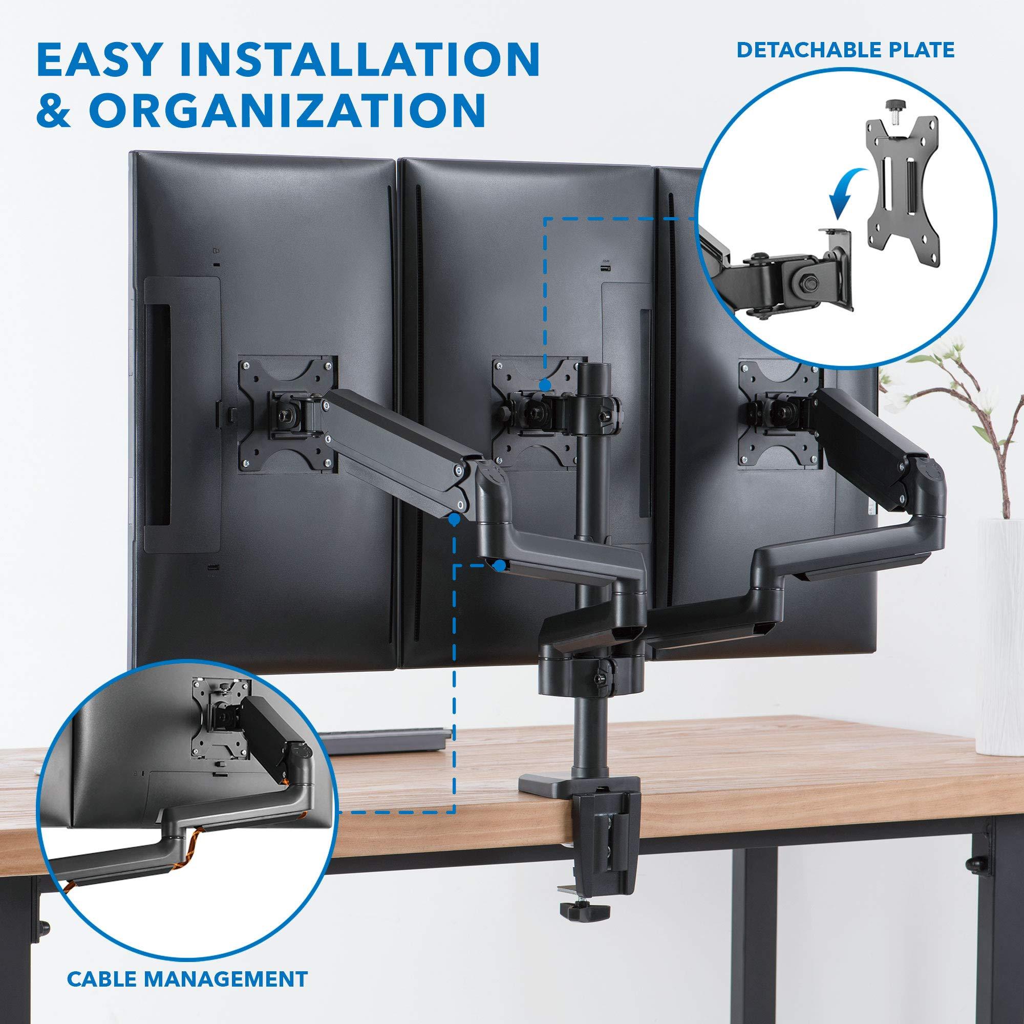 Mount-It! Mount-It! Triple Monitor Mount for Computer Screens Up to 27 Inch, Triple Monitor Stand with Gas Spring Arms, Holds 15.4 lbs Per Arm, 3 Monitor Stand Desk Mount with Tilt, Swivel, VESA 75x75,100x100mm