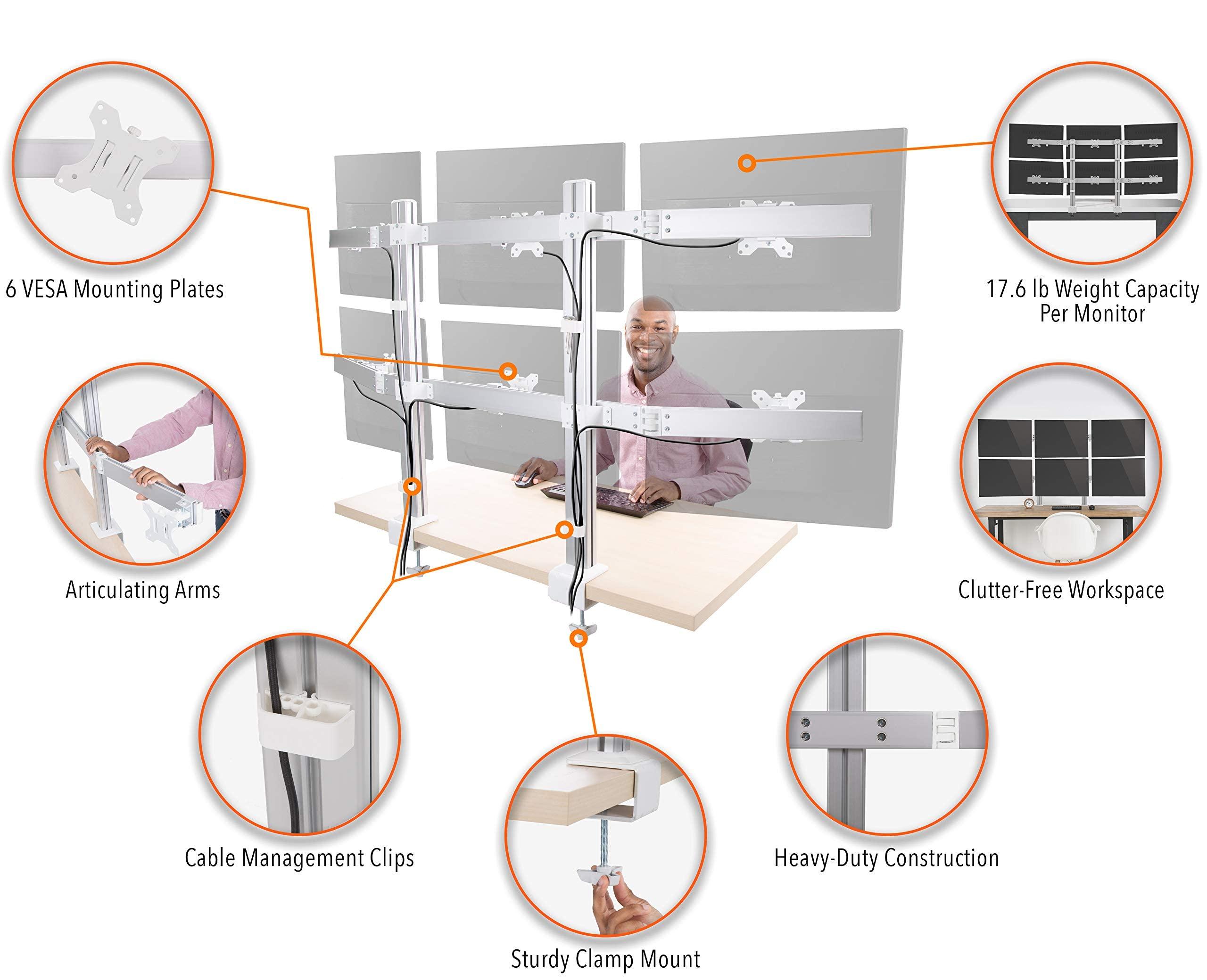 Stand Steady Stand Steady 6 Monitor Mount Desk Setup - Heavy-Duty Height Adjustable Monitor Stand, Swivel Arm with Clamp-On Base, 6 Screen VESA Mount Fits Most LCD/LED Monitors 17-32 in. (Silver, 6 Mounts)