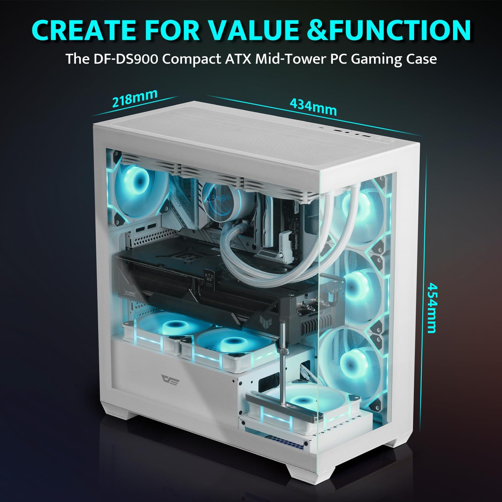 darkFlash darkFlash ATX Mid-Tower PC Case, Pre-Install 4 PWM ARGB Fans Computer Case, Full View Dual Tempered Glass Gaming PC Case, Type C Port, Supports up to 360mm Water Cooling Radiator,White(DS900)
