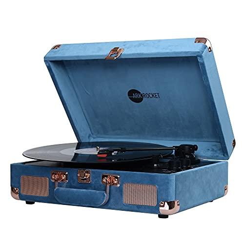 arkrocket Arkrocket Curiosity Bluetooth Turntable Retro Suitcase 3-Speed Record Player with Built-in Speakers (Ocean Blue Velvet)