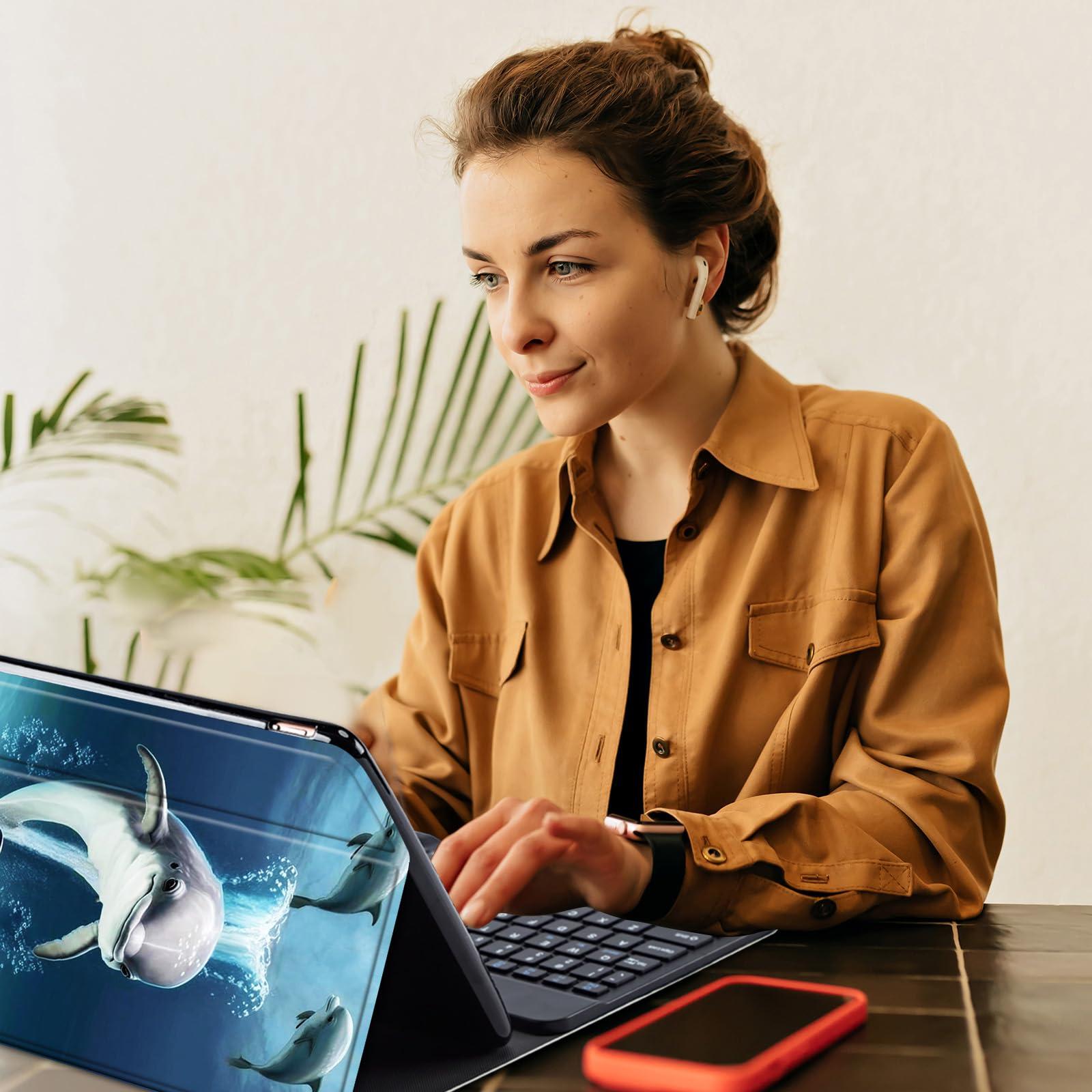 AIRWEE Keyboard Case for Amazon Kindle Fire HD 8/HD 8 Plus(2020 Release, 10th & 2022 Release, 12th), Detachable Wireless Bluetooth Keyboard and Auto Sleep/Wake Fire HD8 Case Keyboard, Cute Dolphin