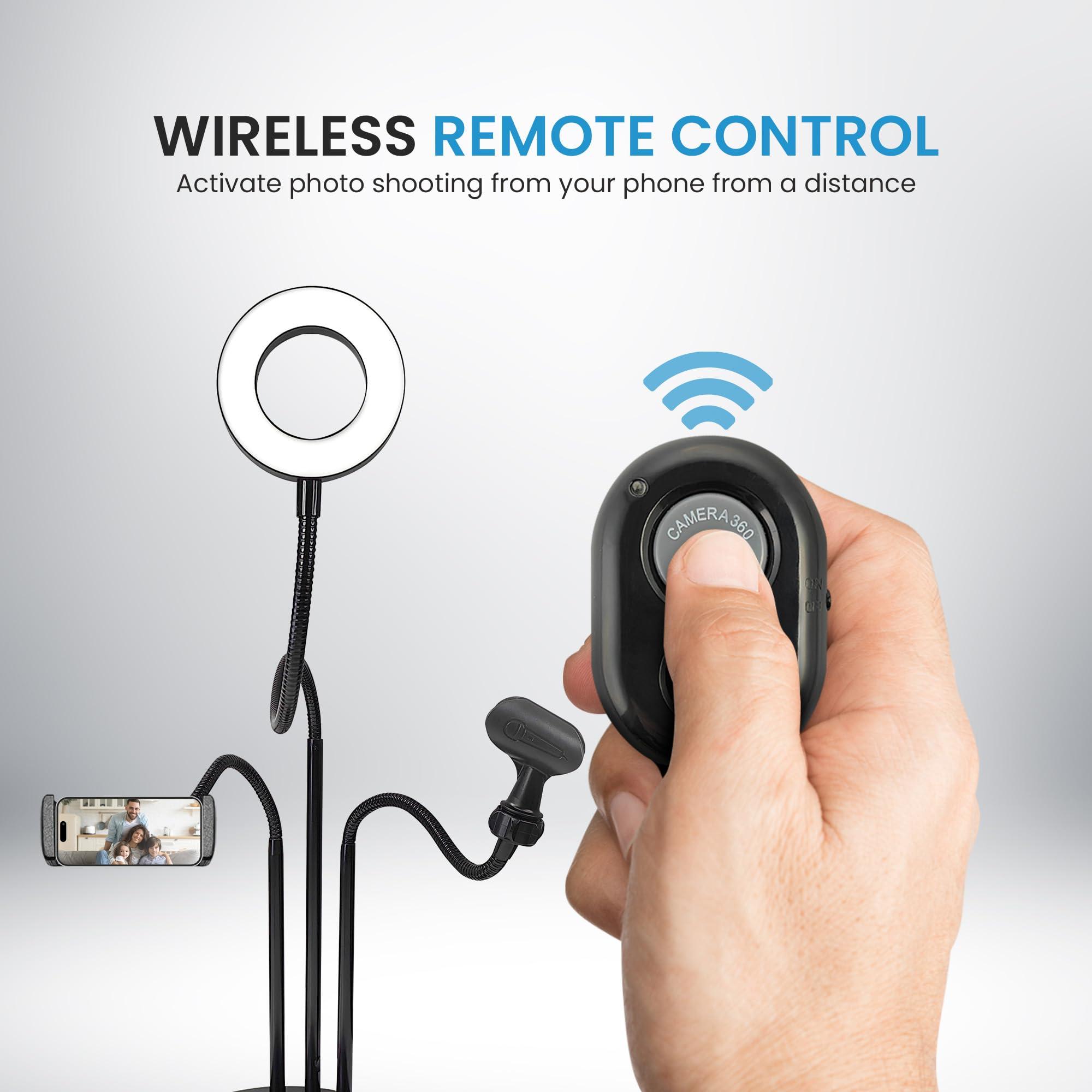 IDANCE iDance LED Ring Light with Stand, 3.5", Portable Desk Ring Light with Cell Phone Mount, Microphone Holder and Tripod for Laptop, Selfie, USB Powered & Remote with Foldable & Adjustable Stand