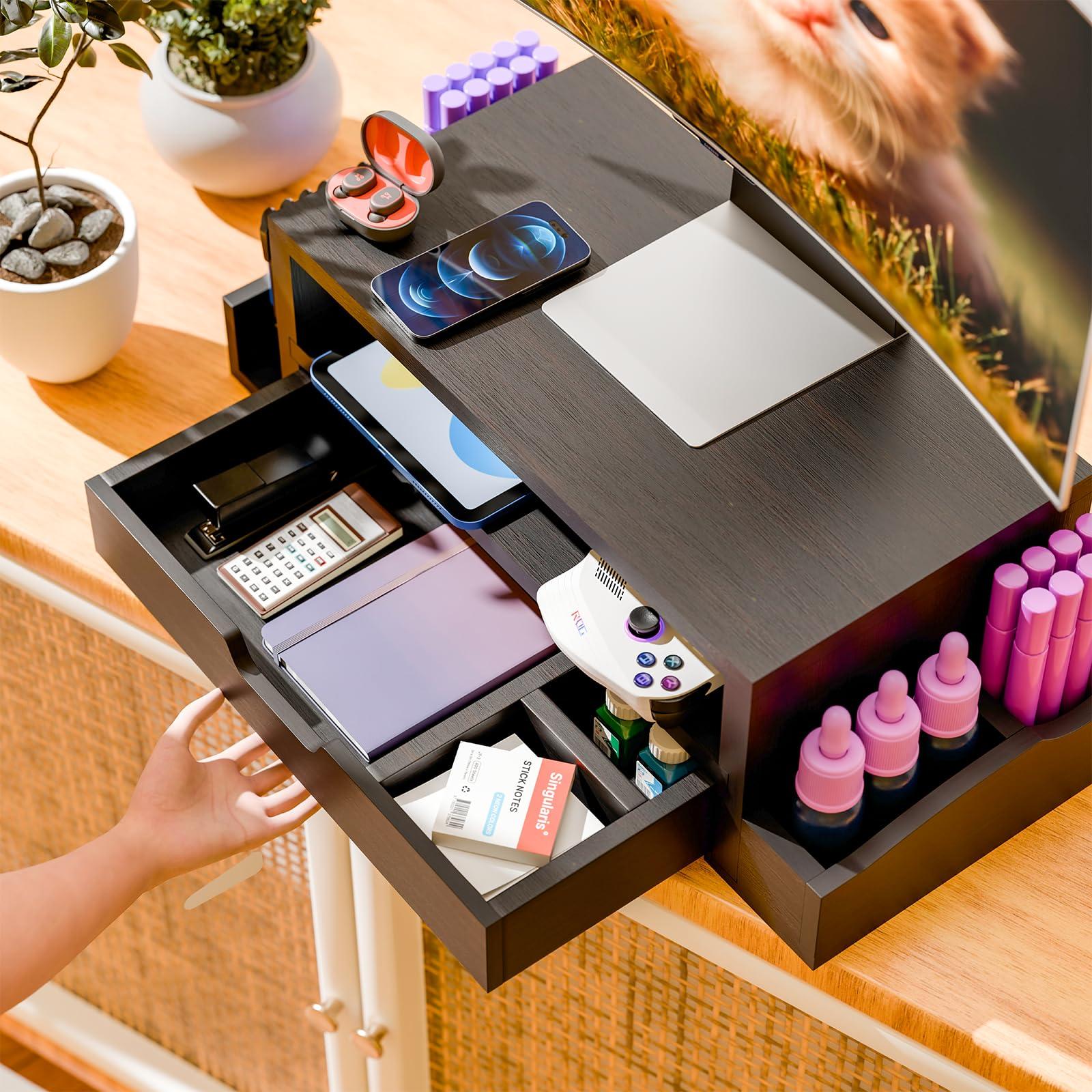 Simple Trending Simple Trending Monitor Stand Riser and Computer Wood Desk Organizer with Drawer and Pen Holder for Laptop, Computer, iMac, Black