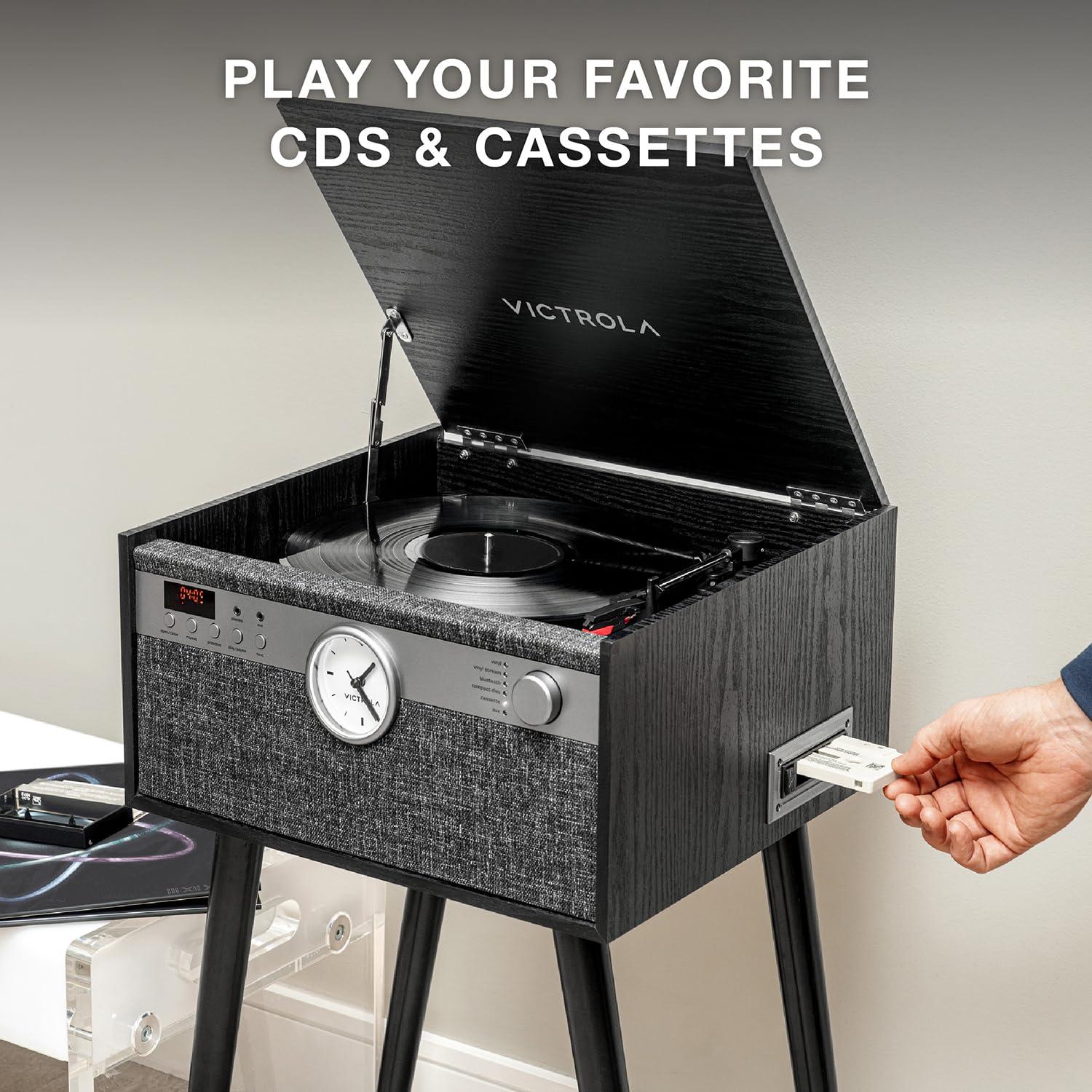 Victrola Victrola Century Signature+ 6-in-1 Vinyl Record Player & Music Center - 3-Speed Turntable, CD & Cassette Player, VINYLSTREAM, Bluetooth & 3.5mm Aux, Record Player with Speakers, 18\" Stands, Black
