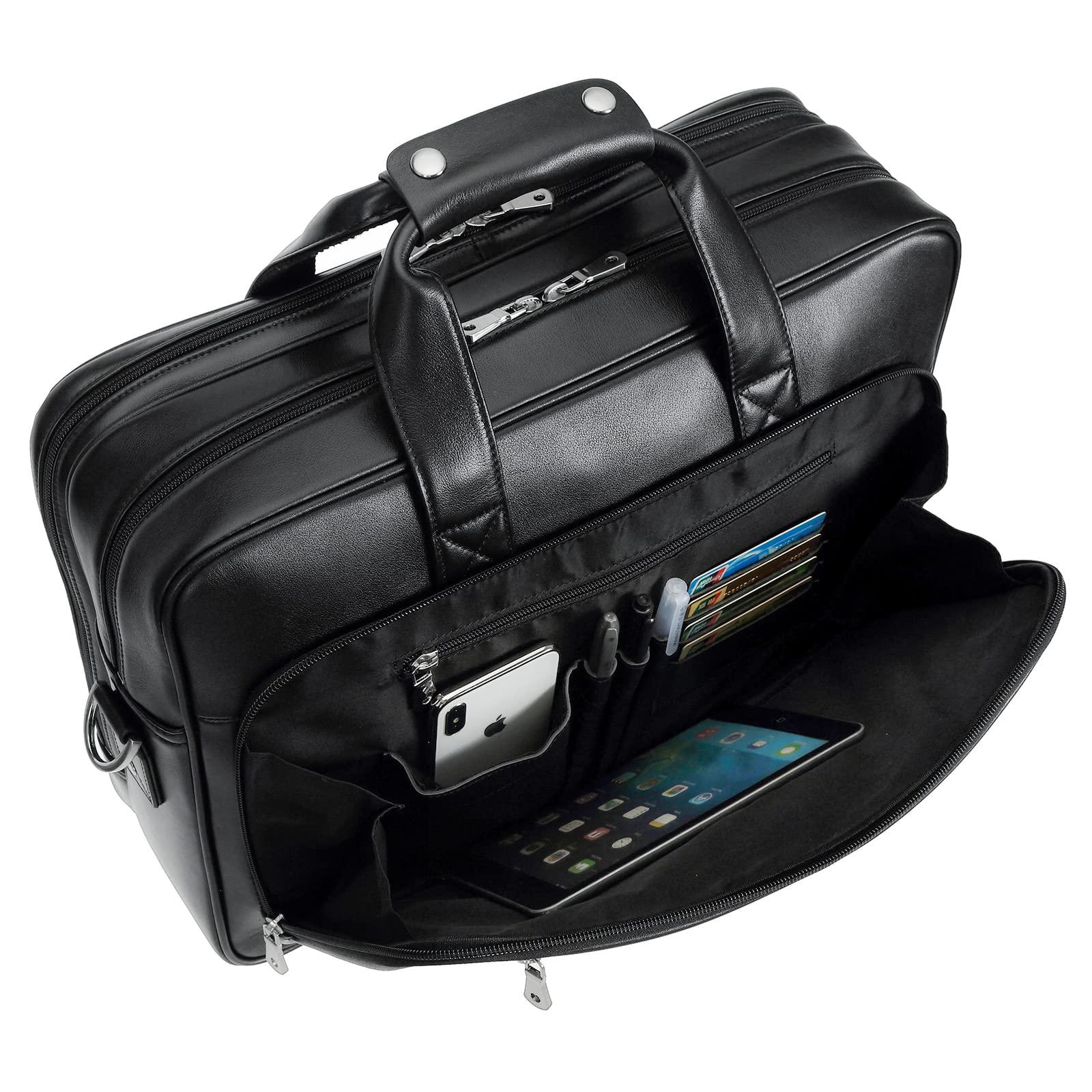 POLARE ORIGINAL Polare Napa Leather Laptop Briefcase - Business Travel Shoulder Bag for Men - Fits 17.3" Laptop (Black)