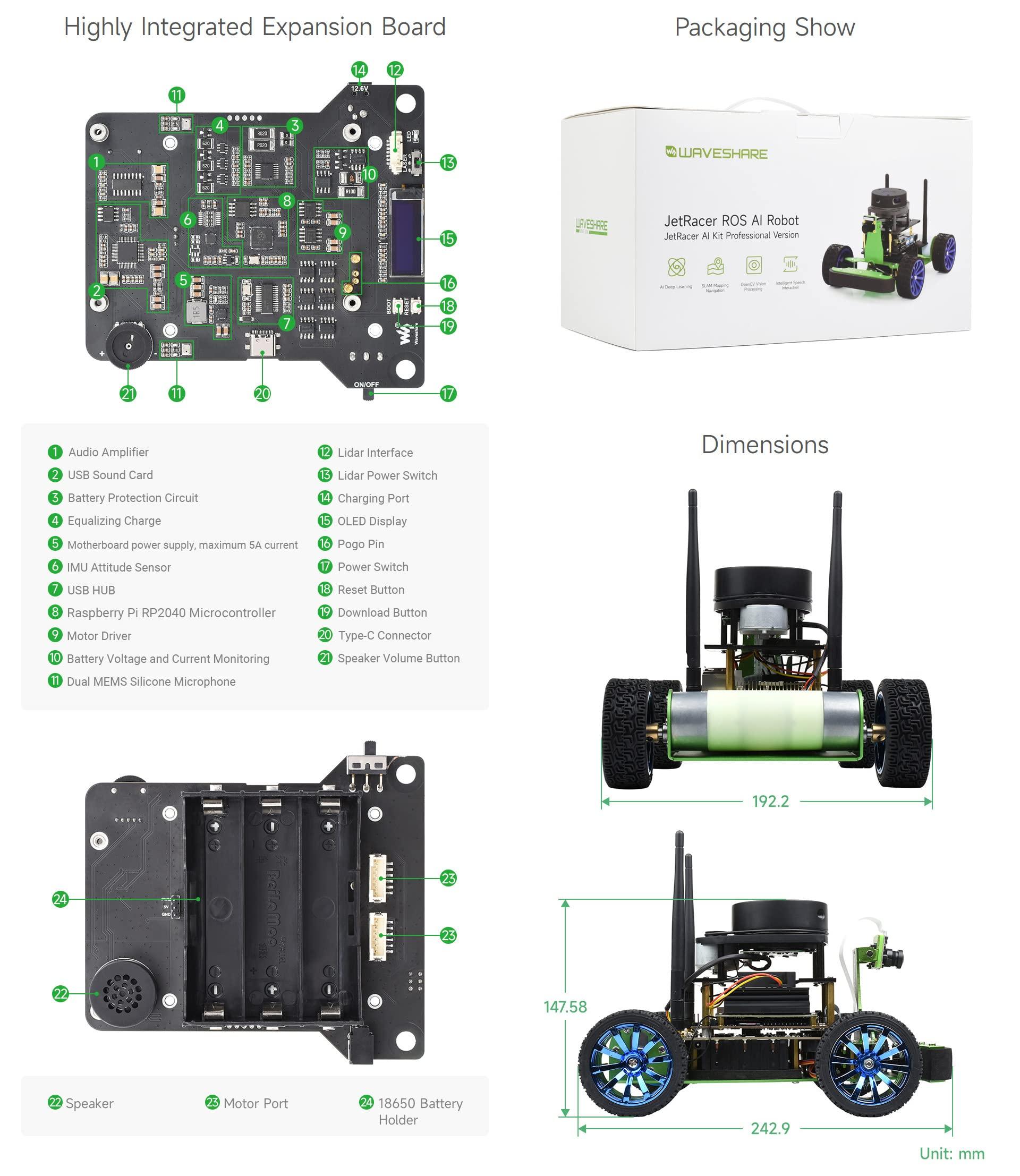 waveshare Waveshare JetRacer Professional Version ROS AI Kit, Dual Controllers Robot, Lidar Mapping, Vision Processing