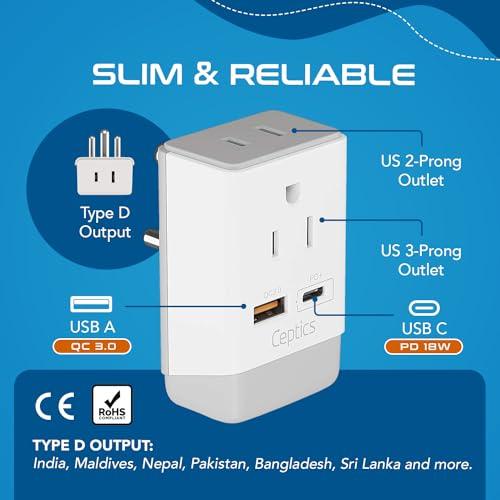 Ceptics Ceptics US to India Plug Adapter, Type D Plug Adapter QC 3.0 & PD, Safe Dual USB & USB-C 18W, India Plug Adapter Fast Charging - Powerful 2 USA Sockets - Use in Pakistan Nepal Sri Lanka - AP-10