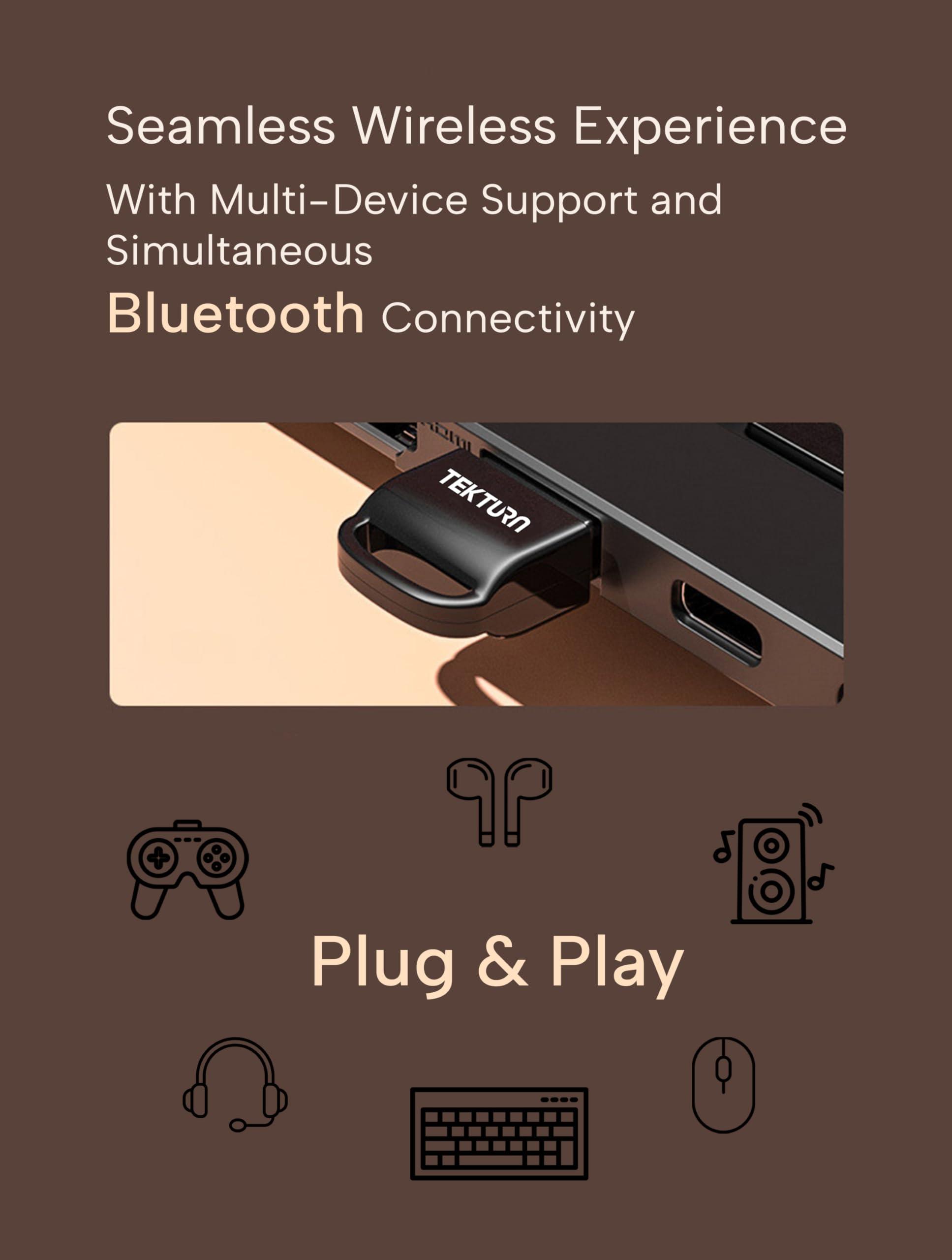 TEKTURN TEKTURN USB Bluetooth 5.3 Adapter: Plug-and-Play, Nano Design, EDR & BLE, Compatible with Windows 11/10/8.1/7, Desktop, Laptop, Supports Headphones, Keyboard, Mouse, Speakers, Printer