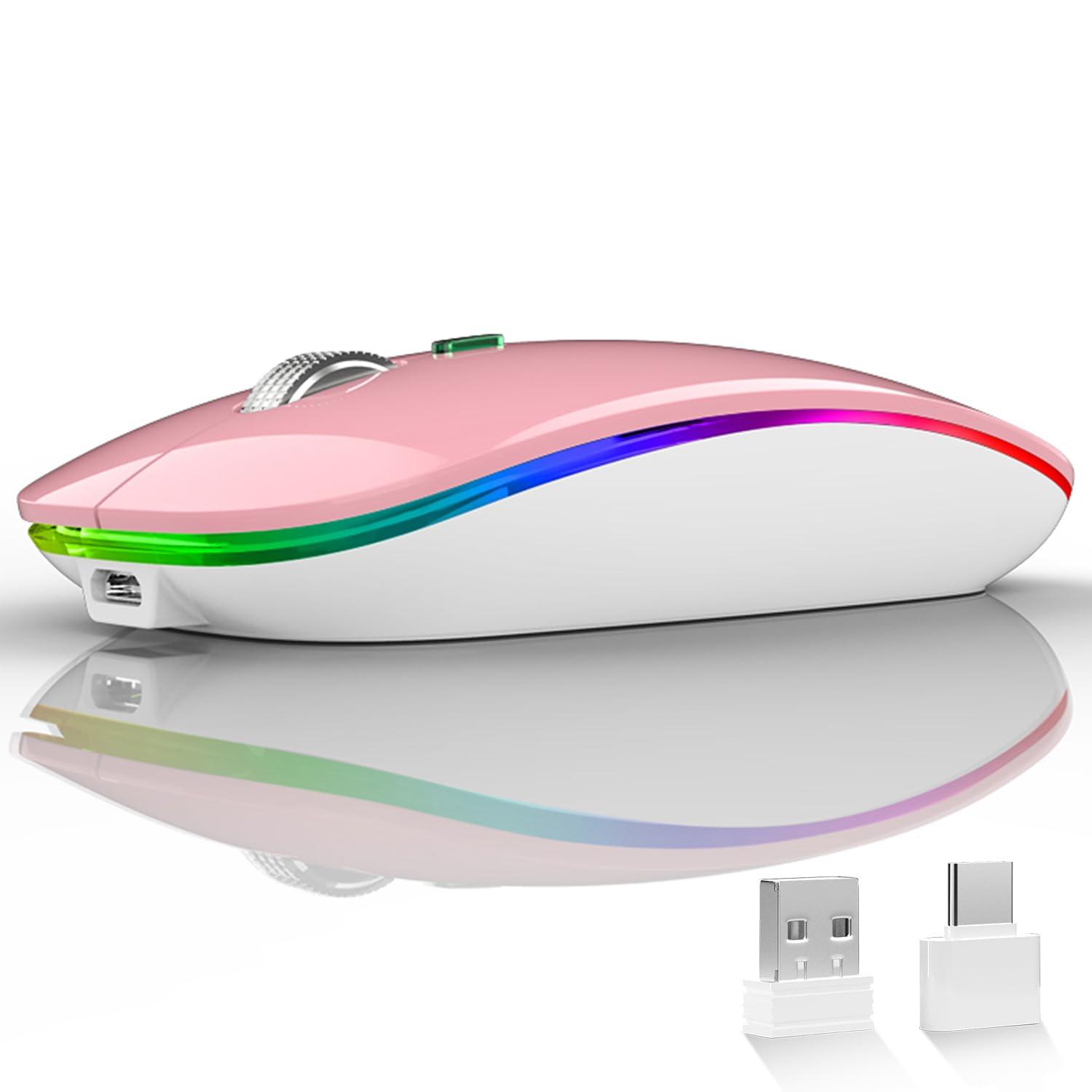Uiosmuph Uiosmuph LED Wireless Mouse, G12 Slim Rechargeable Silent 2.4G Portable USB Optical Computer Mice with Receiver and Type C Adapter (Pink)