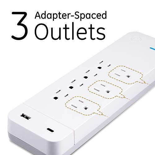 GE home electrical GE UltraPro 7 Outlet Surge Protector, USB-C Charging, 4 ft Designer Braided Extension Cord, 1440 Joules, Compatible w/ iPhone 15/14/Pro/Max/13/12/11/X, Galaxy, Google Pixel, White, 41355