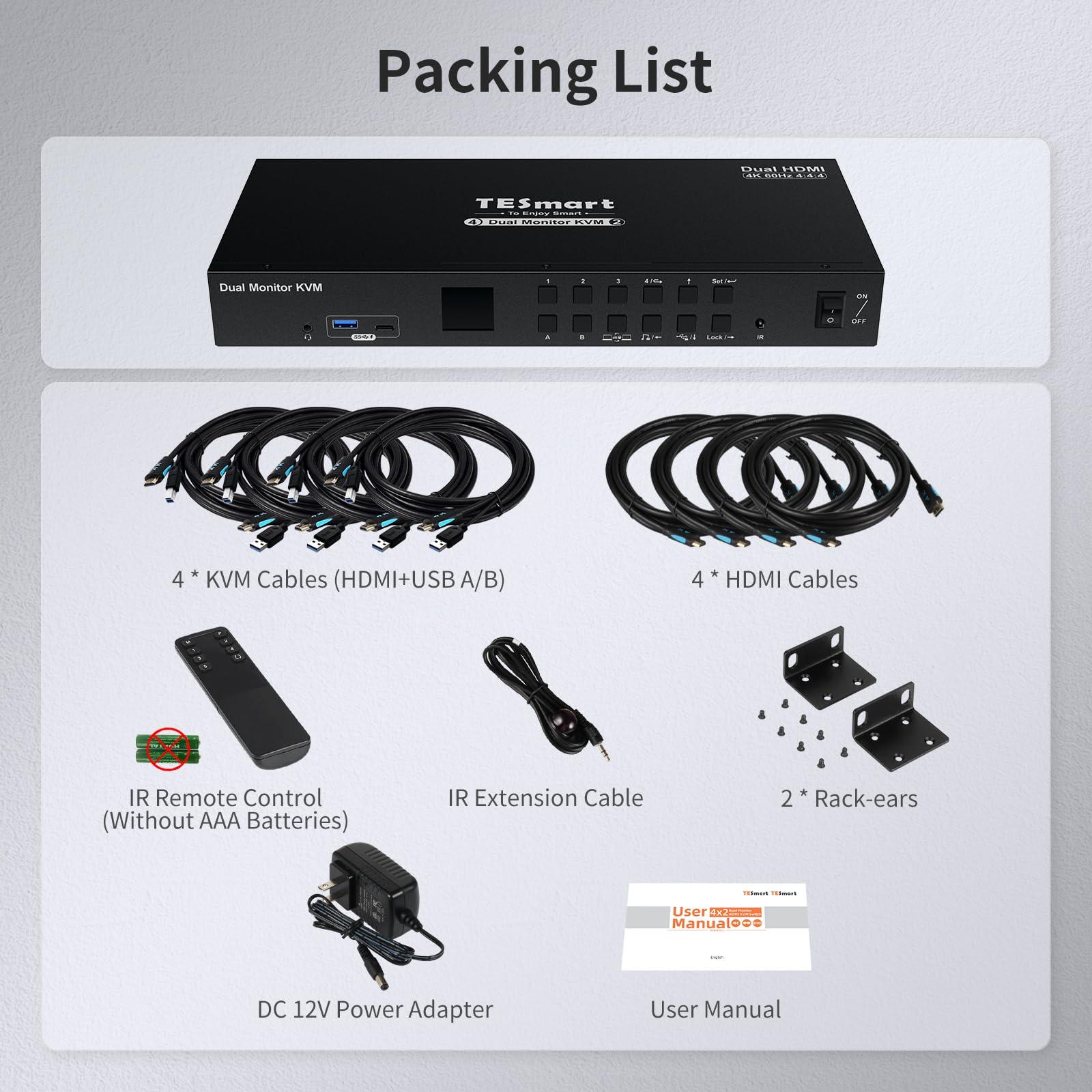 TESmart TESmart USB 3.0 HDMI KVM Switch 2 Monitors 4 Computers 4K@60Hz, Dual Monitor KVM Switch HDMI 4 Port Extended Display, Audio&Microphone, EDID emulators, Hotkey Switch, Button Switch with Input Cables