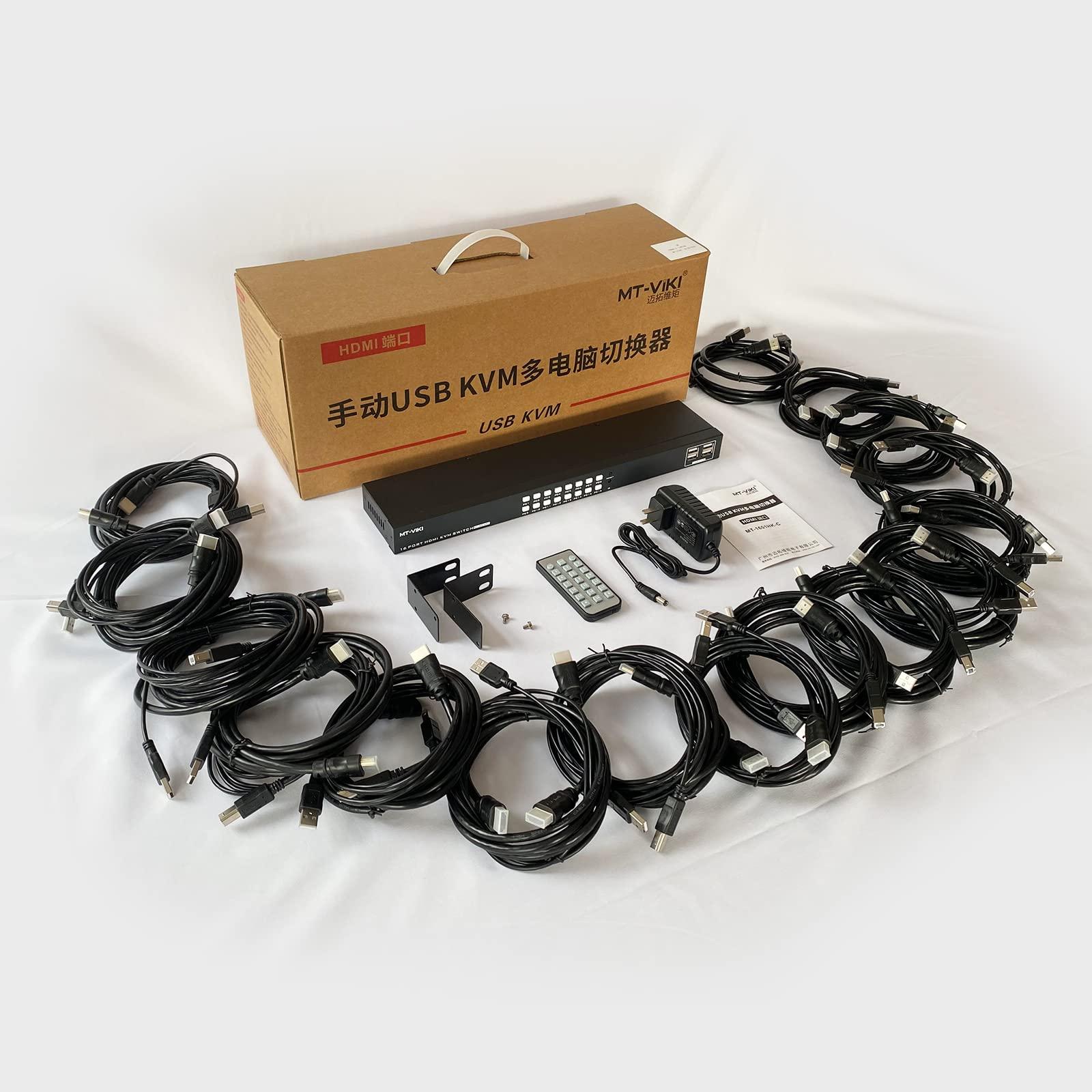 MT-VIKI MT-VIKI 4K 16 Port KVM Switch HDMI, 4K@30Hz Rack Mount KVM Console w/16 Cables + 4 USB 2.0 Devices + IR Remote, Support EDID Storage, HDMI 1.4, HDCP 1.4 for 16 Computers/Servers, Fit 1U 19'' Rack
